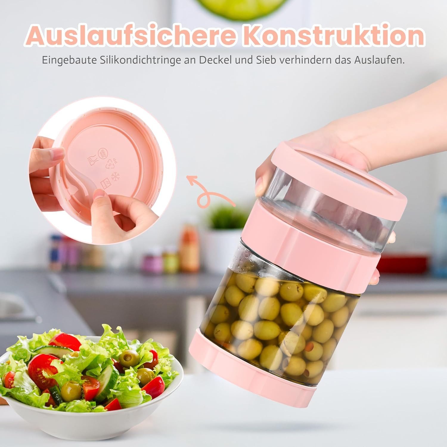 BlingBin Fermentationsglas 1.5L Luftdichtes Gurkengläser Mit Deckeln, Essiggurken Zum Umdrehen, Glas, Silikon, ABS, (1er Set, 1-tlg., Produktabmessungen: 19,8 × 11 × 11 cm), Gurkenspender, Nass Trocken Trennung Für Mahlzeitenzubereitung, Rosa