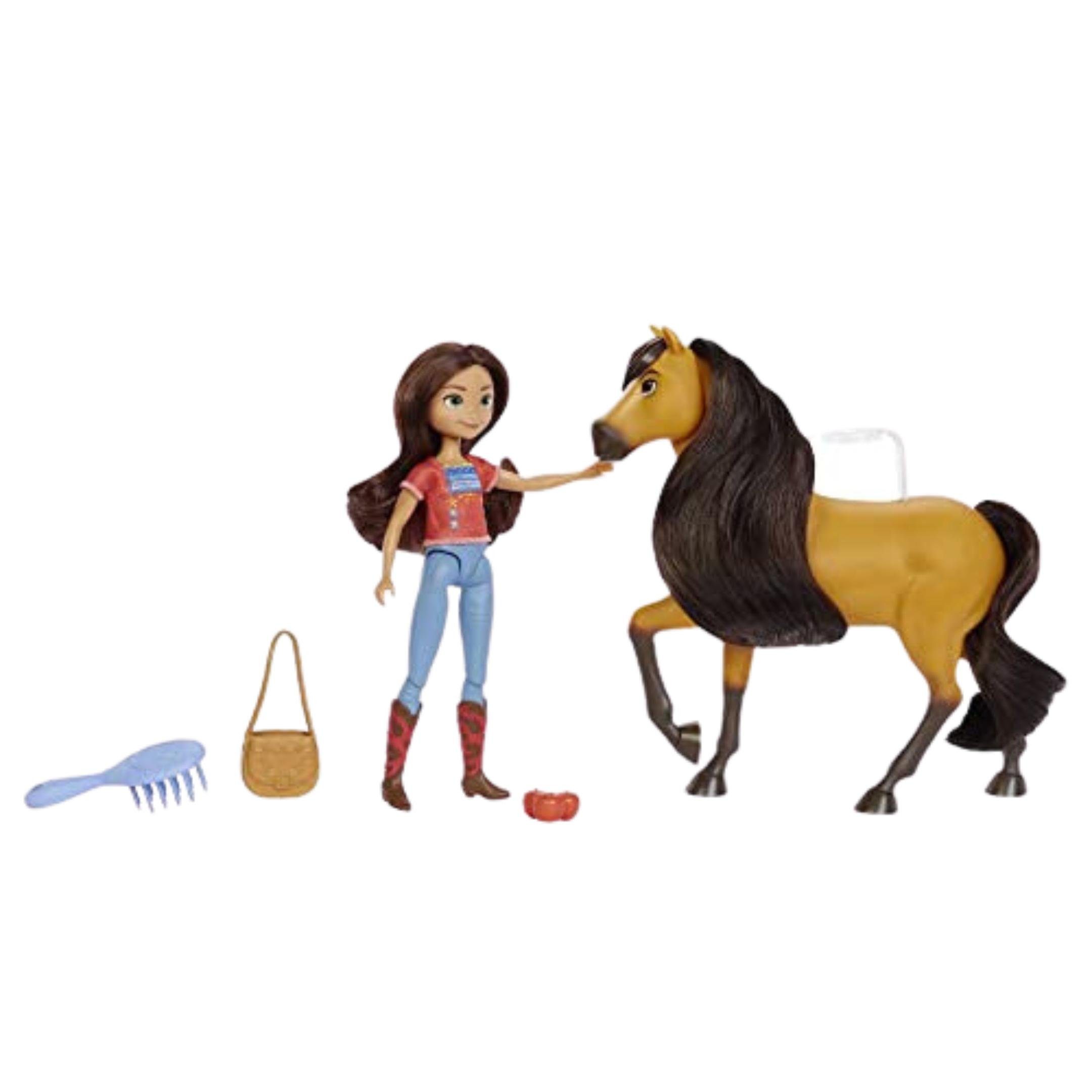 Lucky Lucky-Puppe Handtasche Spielfigur Mähne Spirit Pferd 18 Gelenke, bewegliche weiche (5-tlg., RIDING Puppe und Bürste), mit 7 DREAMWORKS cm, Pferd frisierbare Spirit Spirit FREE & cm, 20 Filmfiguren,