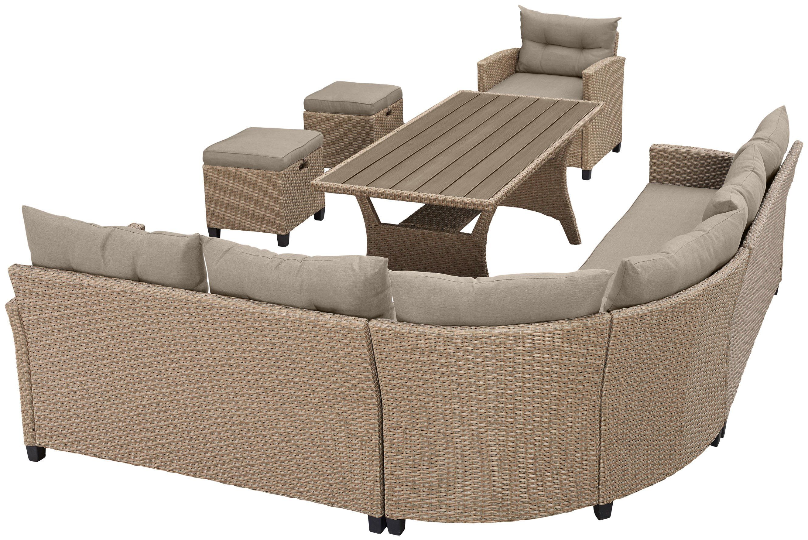 KONIFERA Gartenlounge-Set Keros Premium, (Set, 20-tlg., 2x 2er Sofa, 1x Ecke, 1x Sessel, 2x Hocker, 1x Tisch 145x75x67,5cm), Ecklounge, Polyrattan, Stahl, geeignet für 8 Personen, inkl. Auflagen