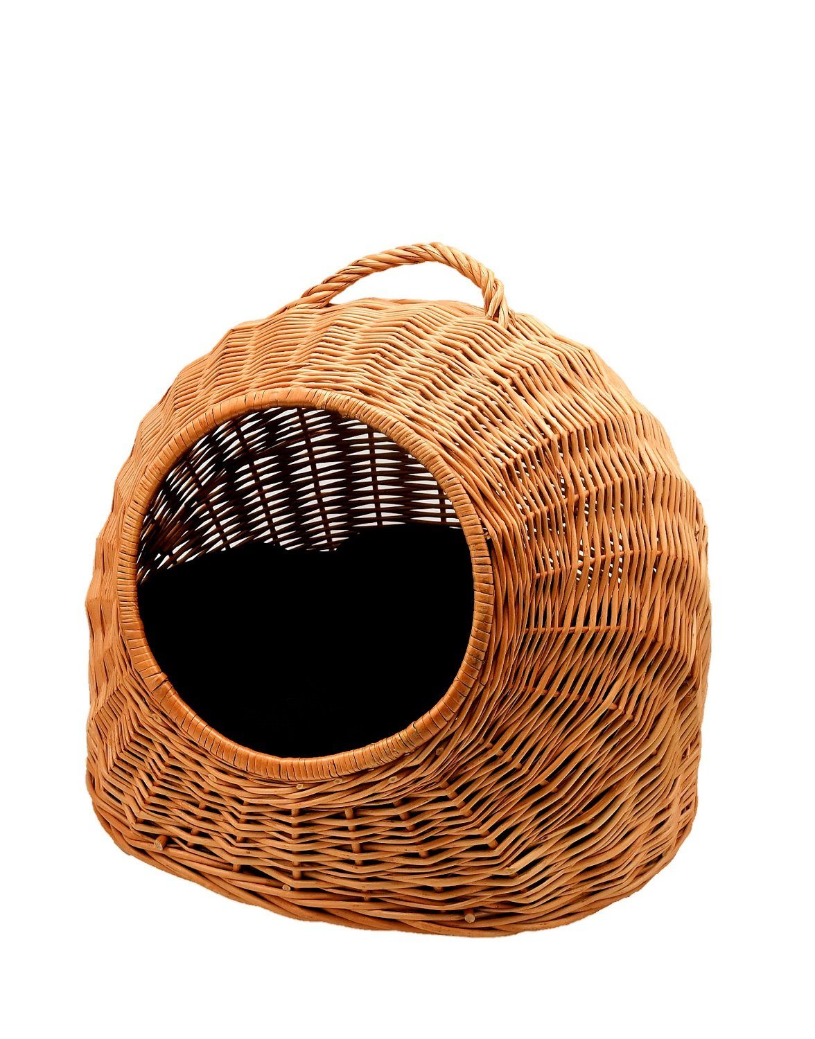 MyBer® Tierbett Katzen Hunde Häuschen Kleintier Transport Korb aus Weide geflochten, mit schwarzem Kissen, geflochten mit Kissen Handarbeit 50/40/40cm K5-081-SS
