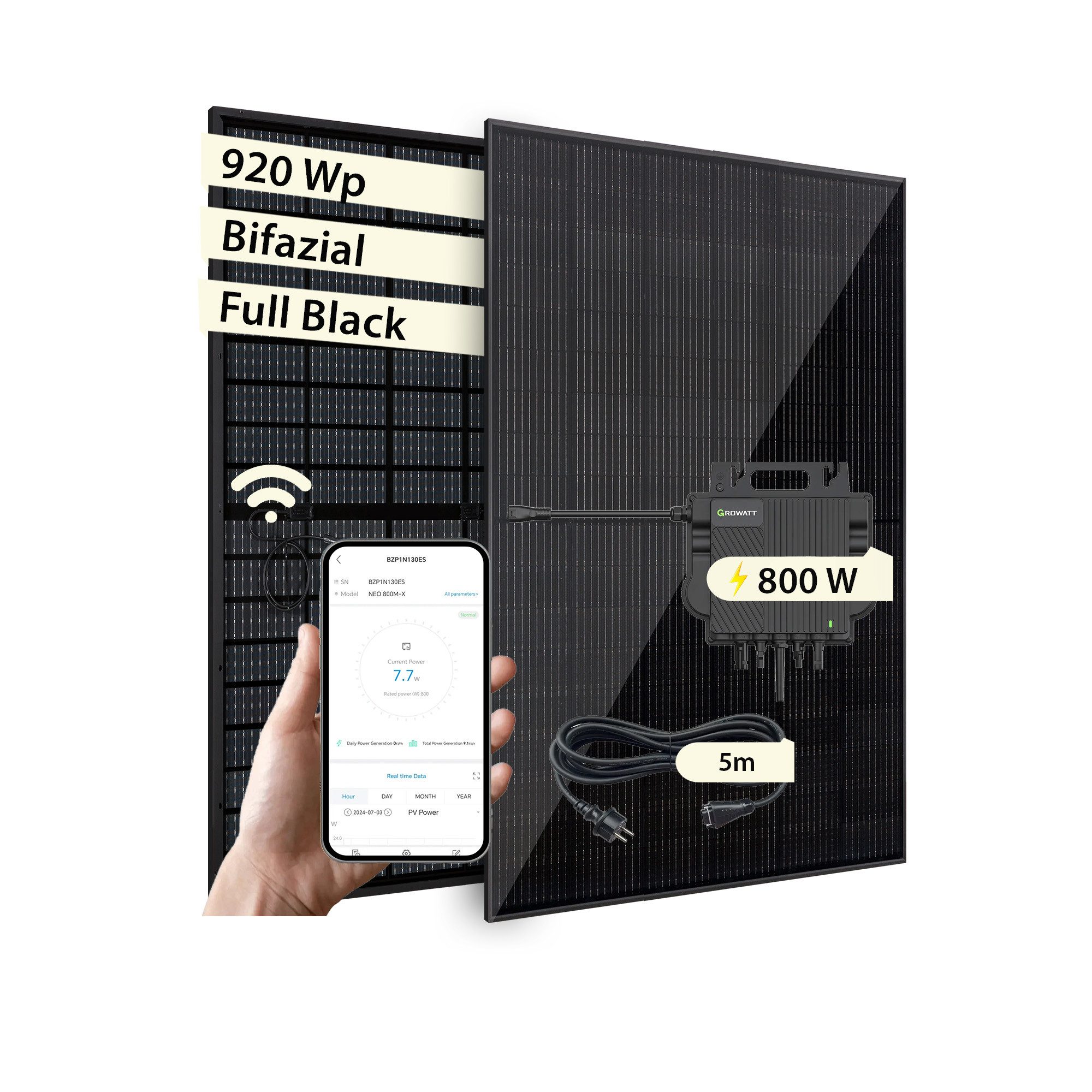 VALE Balkonkraftwerk Intelligentes Solaranlage Set Bifazial mit Wechselrichter, (im Set mit Growatt Wechselrichter, Full Black, 880-920 Wp), Plug&Play, BKW, Solarmodul, Photovoltaik Set, Wifi, App-Steuerung