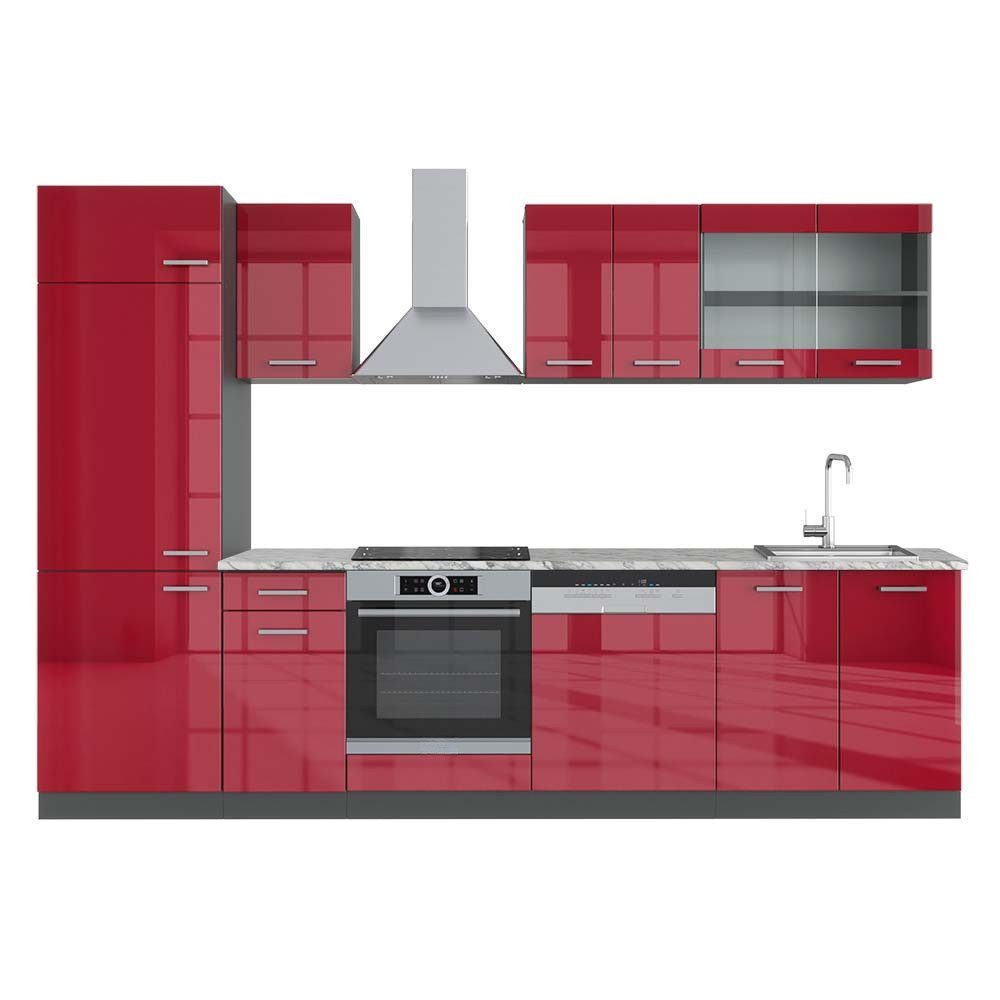 Vicco Küchenzeile R-Line, Rot Hochglanz/Anthrazit/Anthrazit, 300 cm, AP Marmor