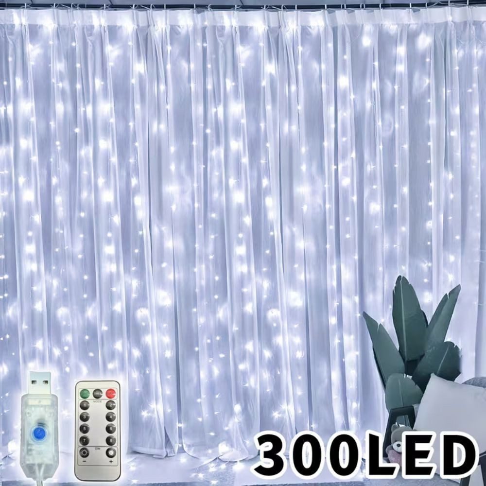 Wrischan LED-Lichtervorhang LED Lichtervorhang 300 LEDs Warmweiß mit Fernbedienung 8 Modi, 300 LEDs, 8 Modi, Timer, dimmbar, Fernbedienung, IP65
