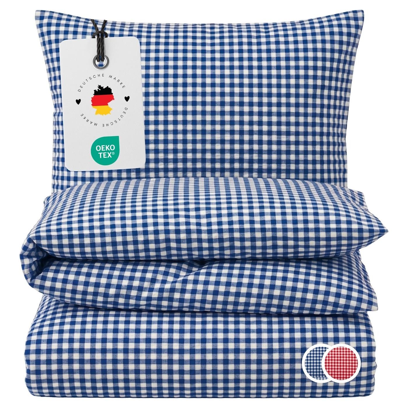 Carpe Sonno Bettwäsche Seersucker 135 x 200 155 x 220 Kariert Sommer Bügelfrei 100% Baumwolle, Seersucker, 2 teilig, Kühlender Bettbezug mit Reißverschluss & OEKO-TEX Blau Weiß 135x200