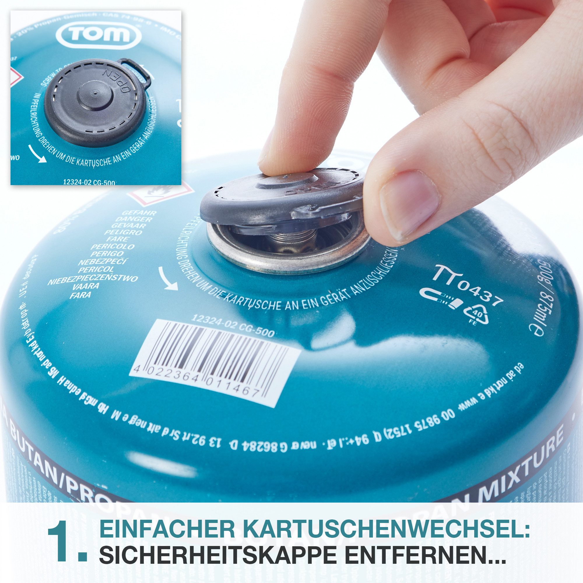 TOM Gaskartusche 500g Schraubgaskartuschen Set EN417, 1 St., Butan-/Propangemisch, 1er Set