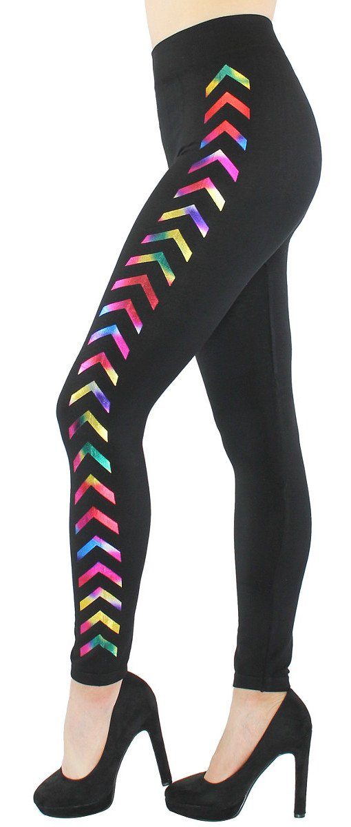 mit Leggins Glitzer dy_mode Damen JL288-Rainbow Leggings Glanz elastischem Druck Highwaist Pfeile mit Muster Leggings Bund Schwarz