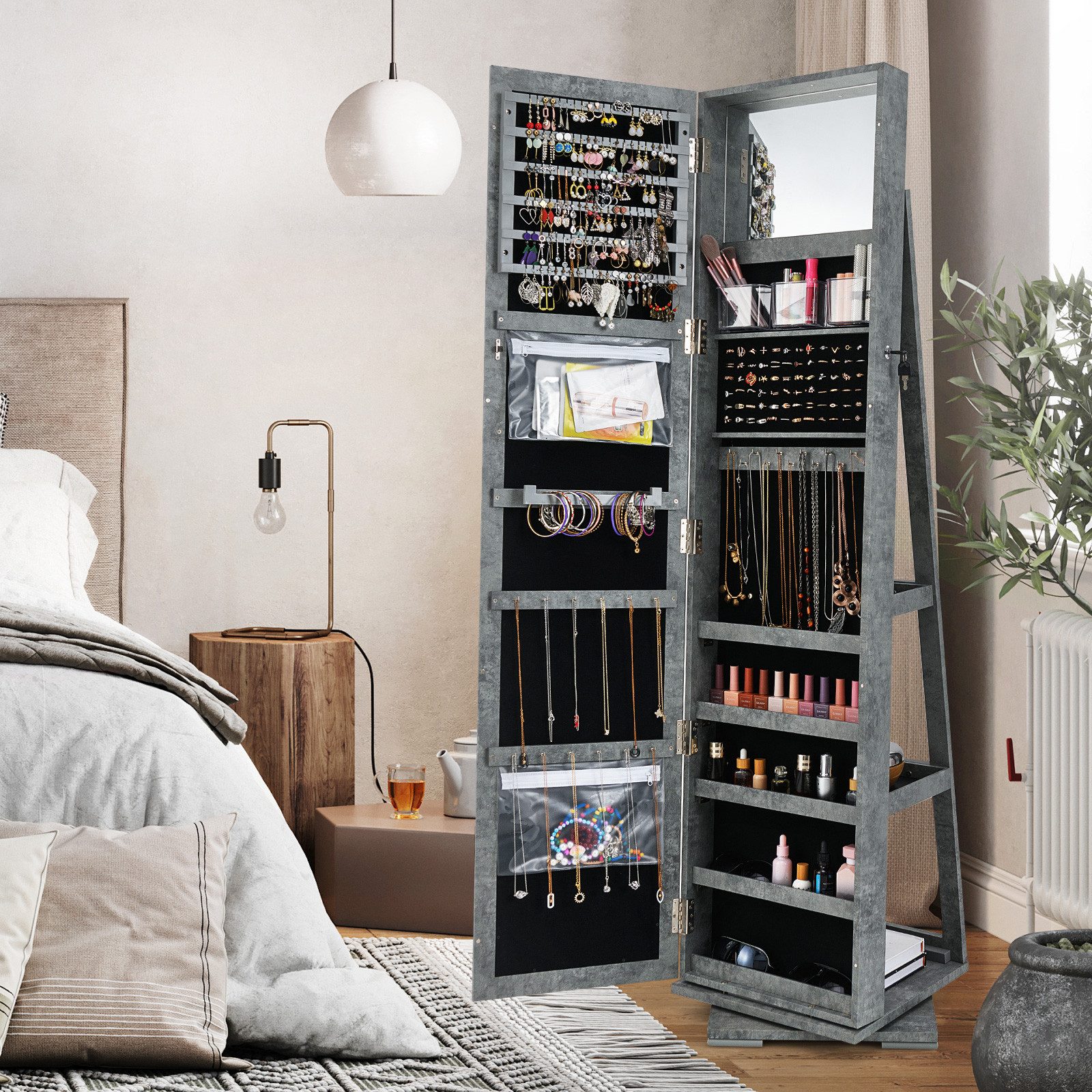 COSTWAY Schmuckschrank stehend, mit Spiegel & Regal, drehbar, abschließbar