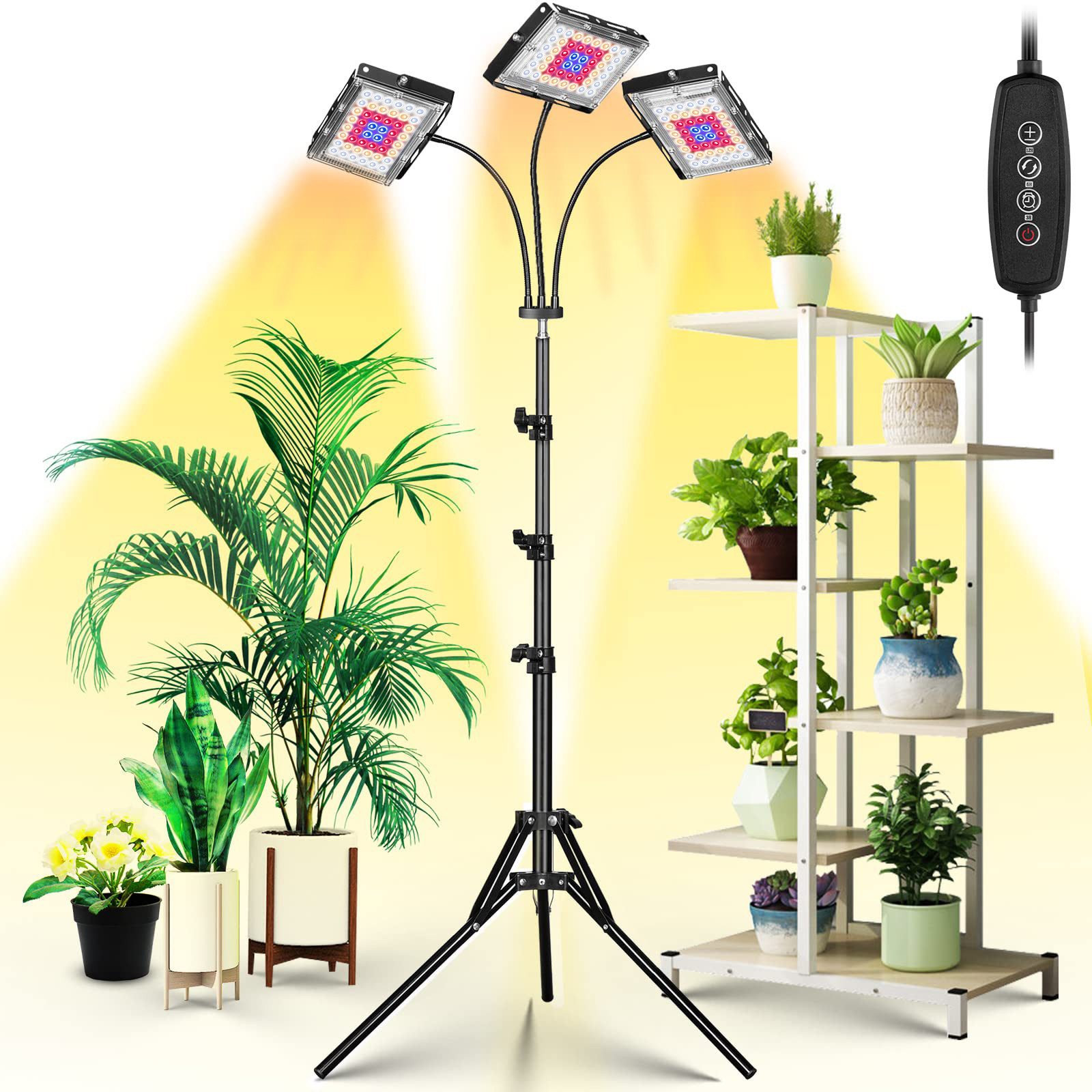 Rosnek Pflanzenlampe Vollspektrum LED mit Ständer, höhenverstellbar, dimmbare, LED fest integriert, mit timer(3/6/12 Stunden),60-160cm höhenverstellbar für große Pflanzen