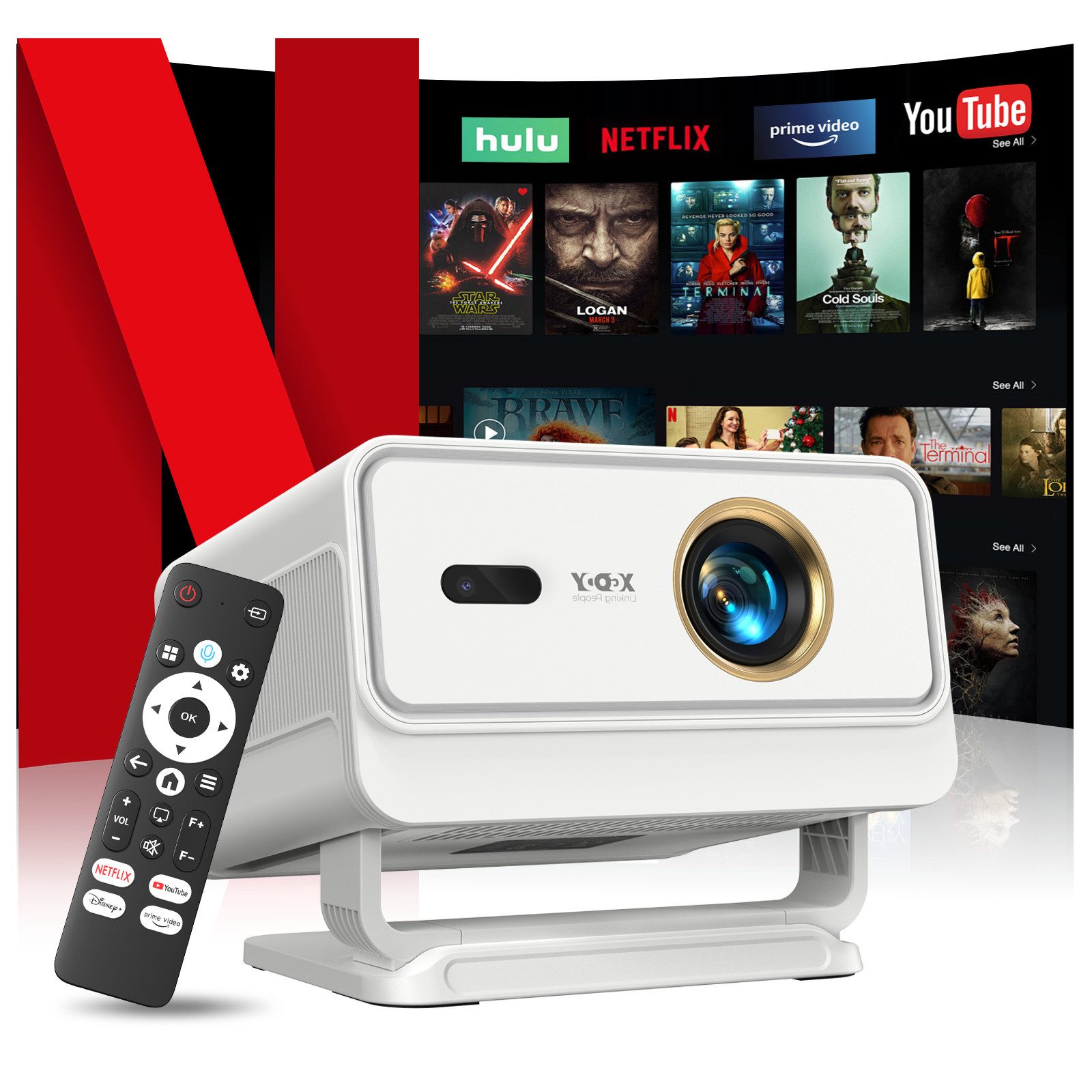 XGODY N6 Projektor, natives 1080P Beamer 4K Mit Netflix Zertifizierung Beamer (3840 x 2160 px (700 ANSI) px, KI-Sprachunterstützung, Autofokus Projektor für Heimkino)