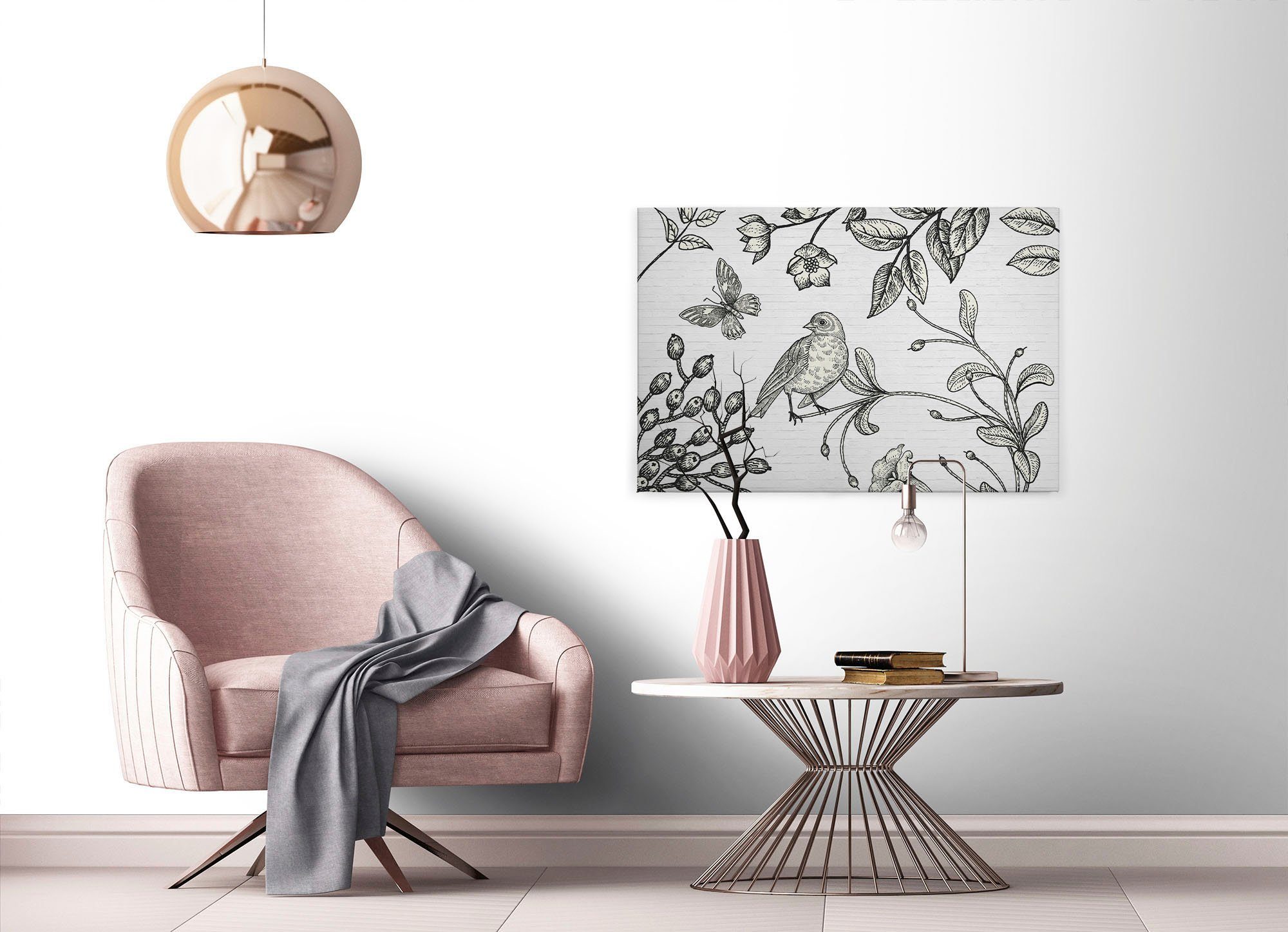 Schwarz-Weiß birdy, weiß, A.S. St), schwarz Leinwandbild Création Floral Keilrahmen Zeichnung (1 Bild