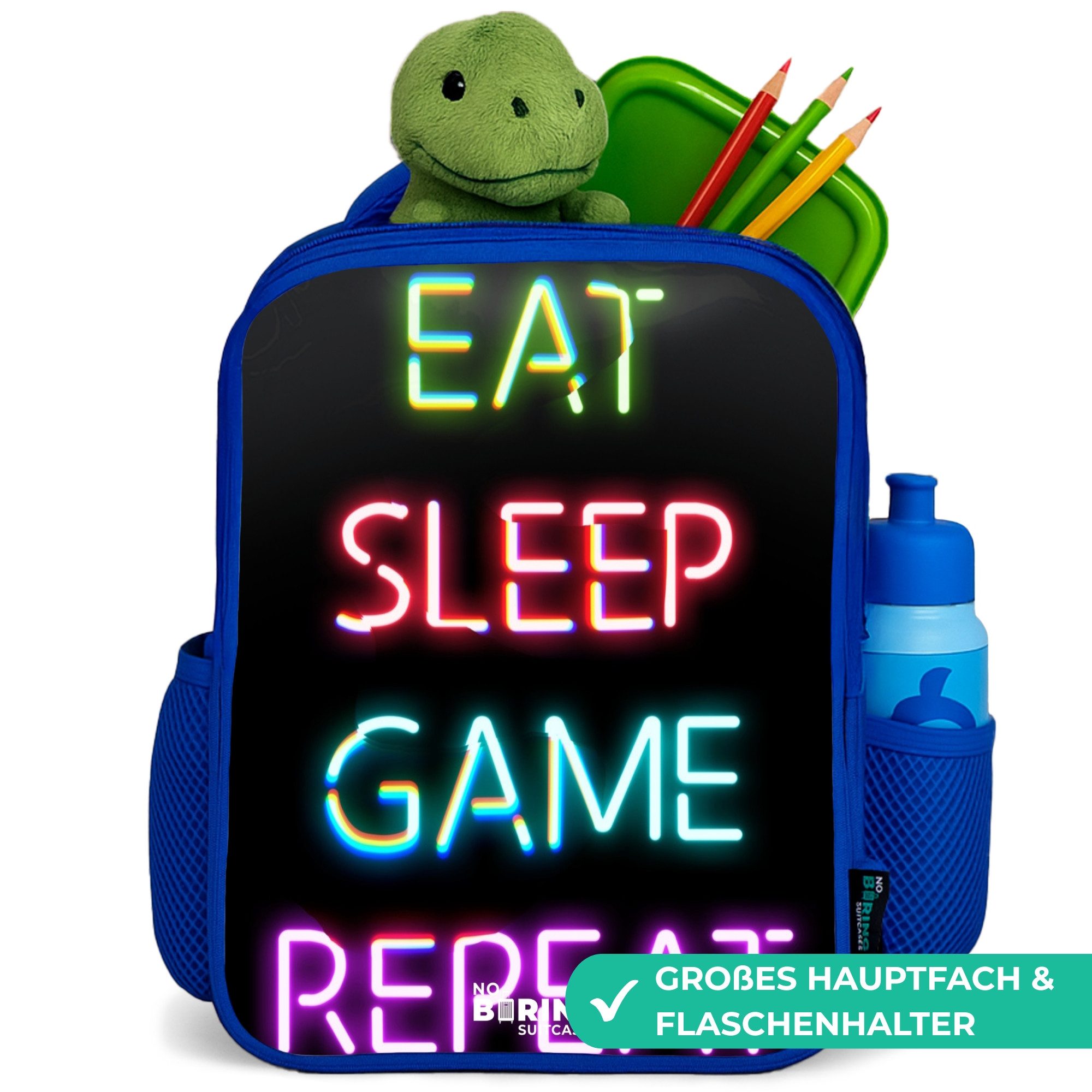 NoBoringSuitcases.com© Rucksack Blau - Qoute mit Neonröhren, Kinderrucksack, Schulrucksack, Freizeitrucksack, Jungen, Kindergarten
