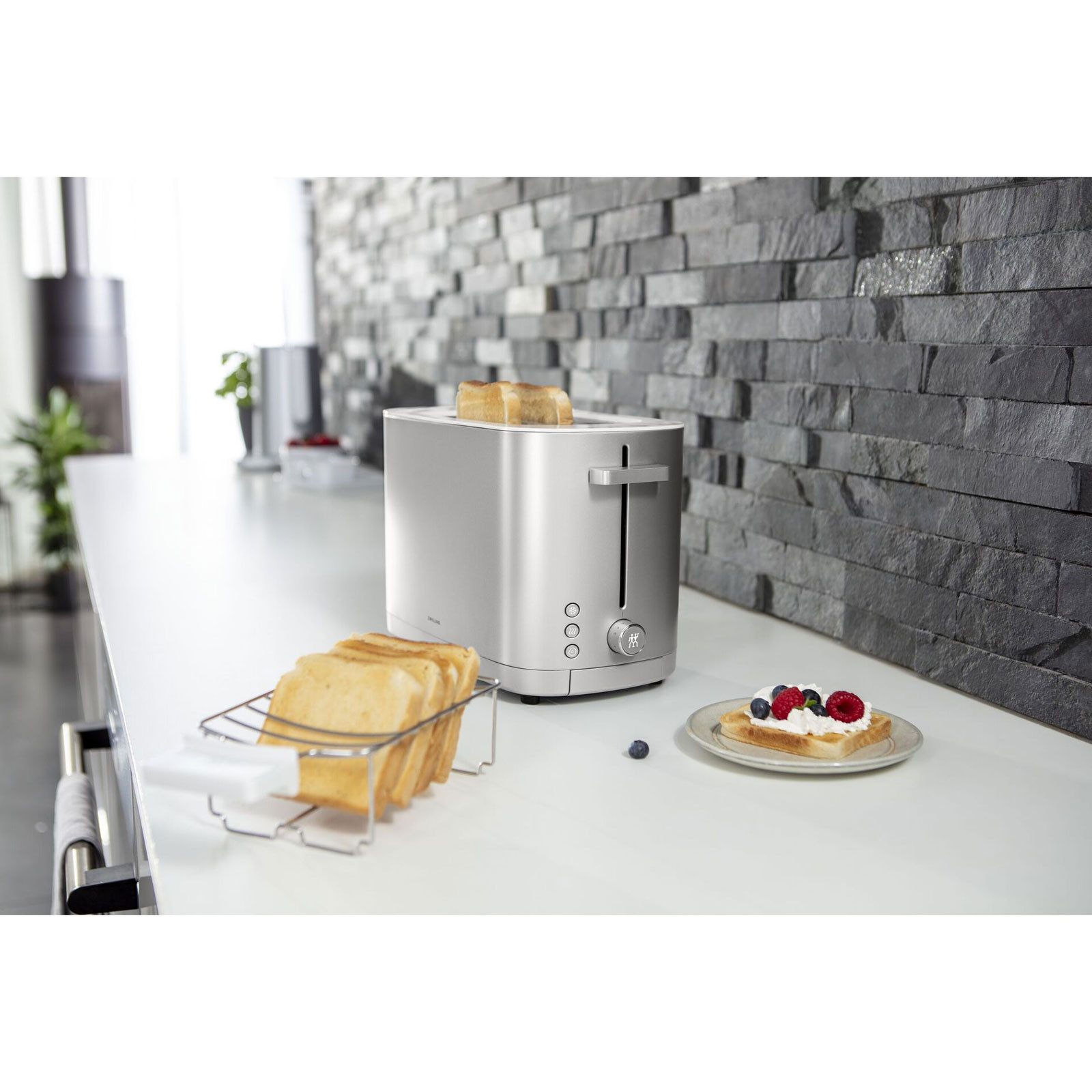 Zwilling Toaster 1005777 Enfinigy, Silberner Edelstahltoaster mit Brötchenaufsatz & Automatikprogrammen