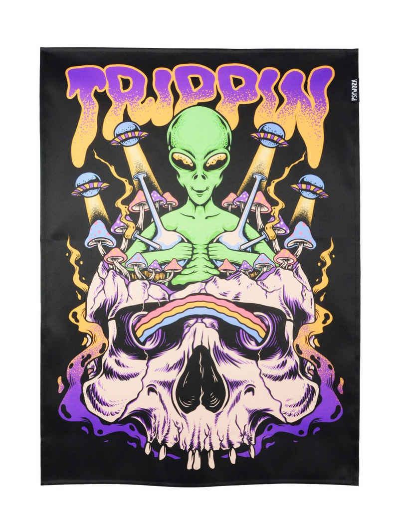 PSYWORK Poster PSYWORK Schwarzlicht Stoffposter Neon "Trippin Alien", 50x70cm, UV-aktiv, leuchtet unter Schwarzlicht