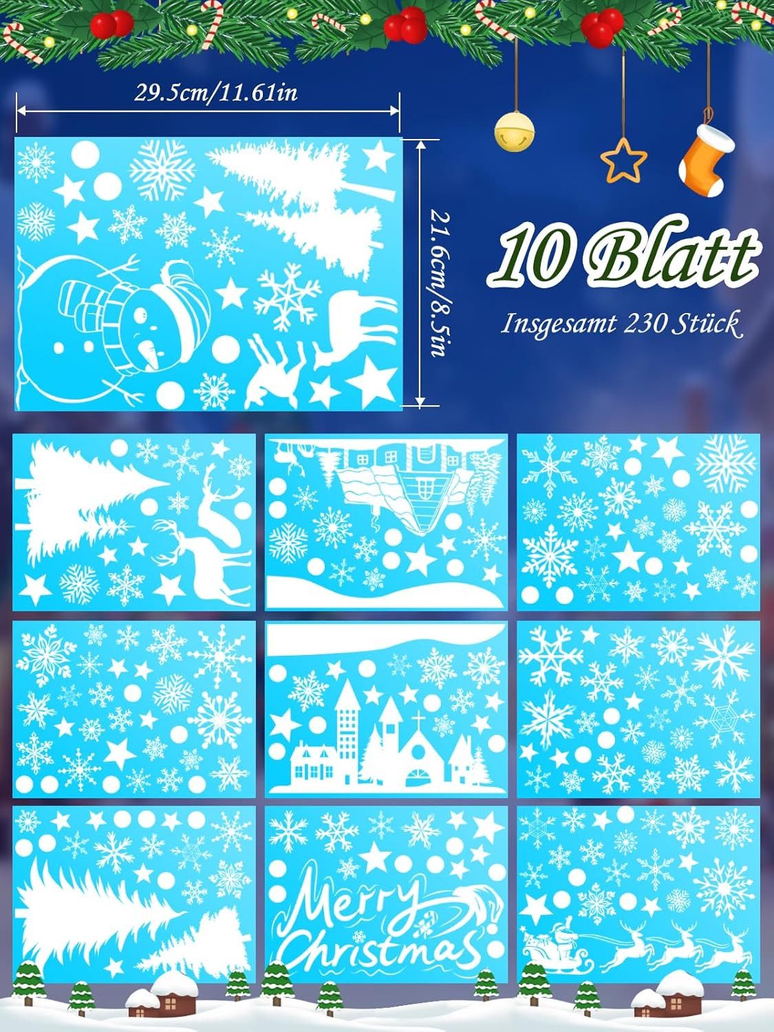 Stelby Fensterdekoration Fenstersticker Weihnachten, 230-teilig, Wintermotive, statisch haftend, wiederverwendbar, PVC Fensterfolie für Fenster & Türen – Bild 3 von 5