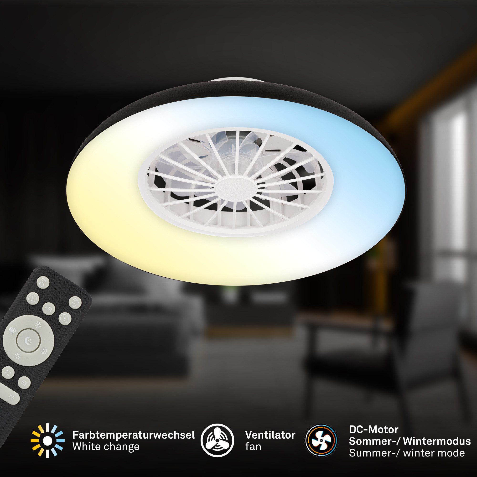 Briloner Leuchten LED Deckenleuchte Deckenventilator mit Licht DC-Motor Fernbedienung Dimmbar, LED fest integriert, CCT Farbtemperatursteuerung - Warm-/Neutral-/Kaltweiß, 60 x 19 cm (DxH), Schlafzimmer, Wohnzimmer, Esszimmer, Flur, Küche
