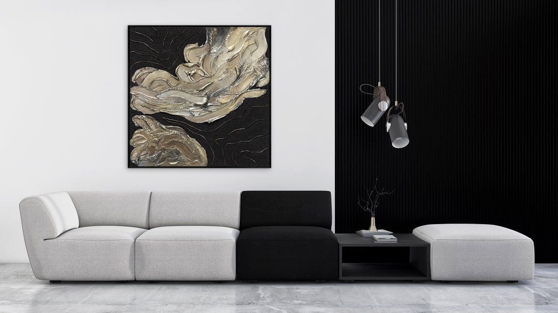 YS-Art Gemälde Blues, Abstraktion, Schwarz Abstrakt mit Gold Leinwand Handgemalt Bild Rahmen