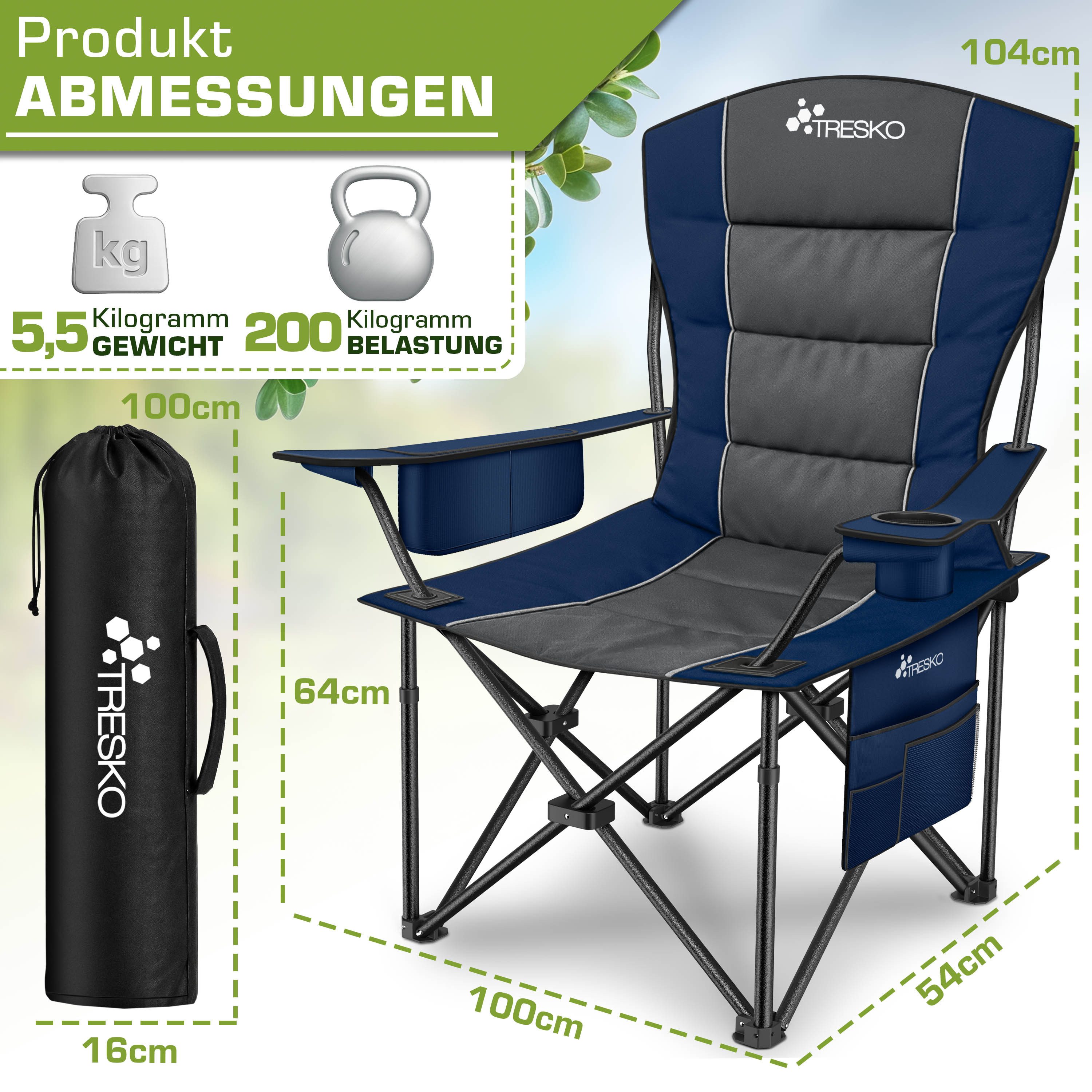 TRESKO Campingstuhl Faltbar bis 200kg Faltstuhl mit Kühltasche, Getränkehalter (Seitentasche, Klappstuhl XXL inkl. Tragetasche Angelstuhl), gepolstert für Outdoor, Angeln, Festival & Garten