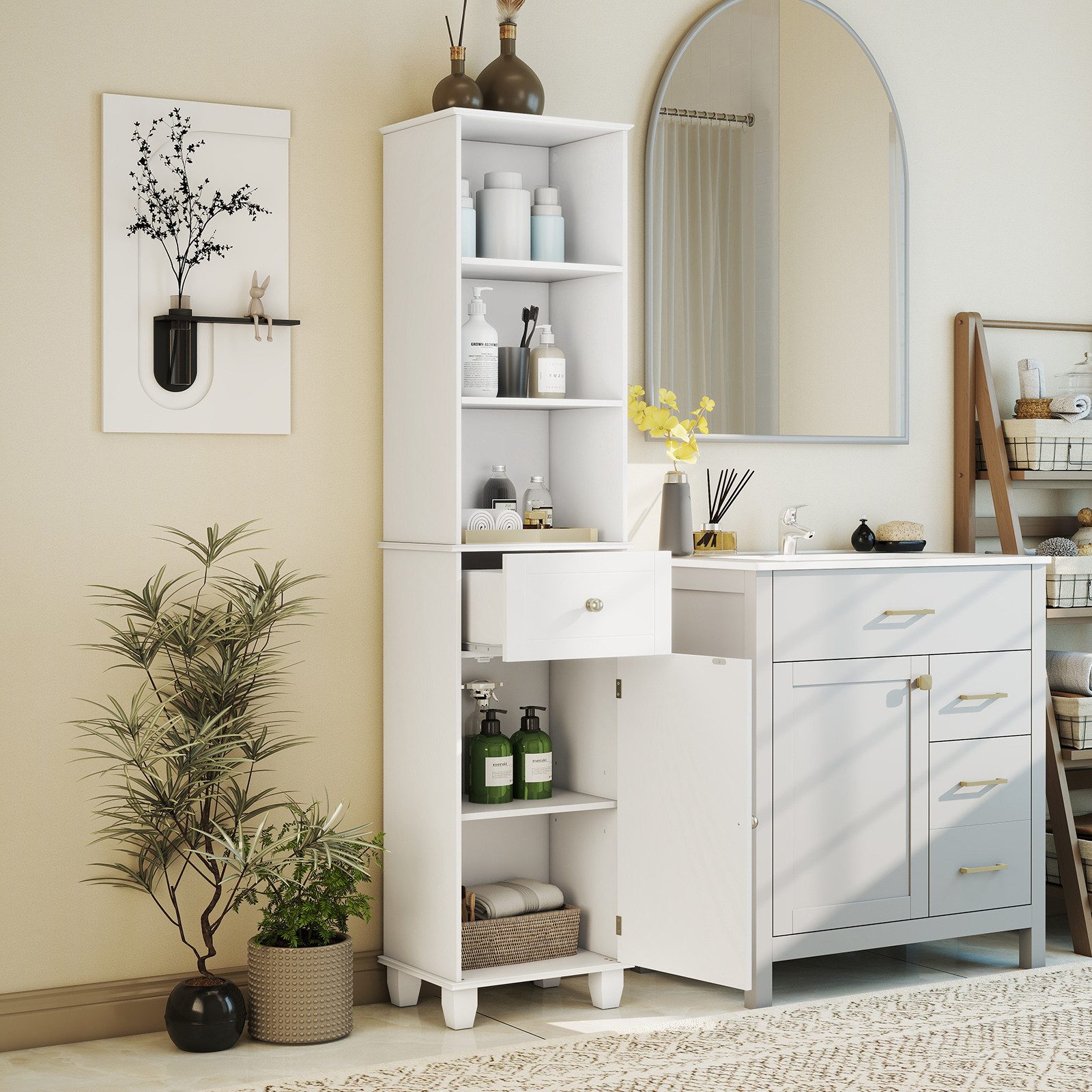 COSTWAY Badkommode, schmal Hochschrank Bad mit Schublade Holz 172cm