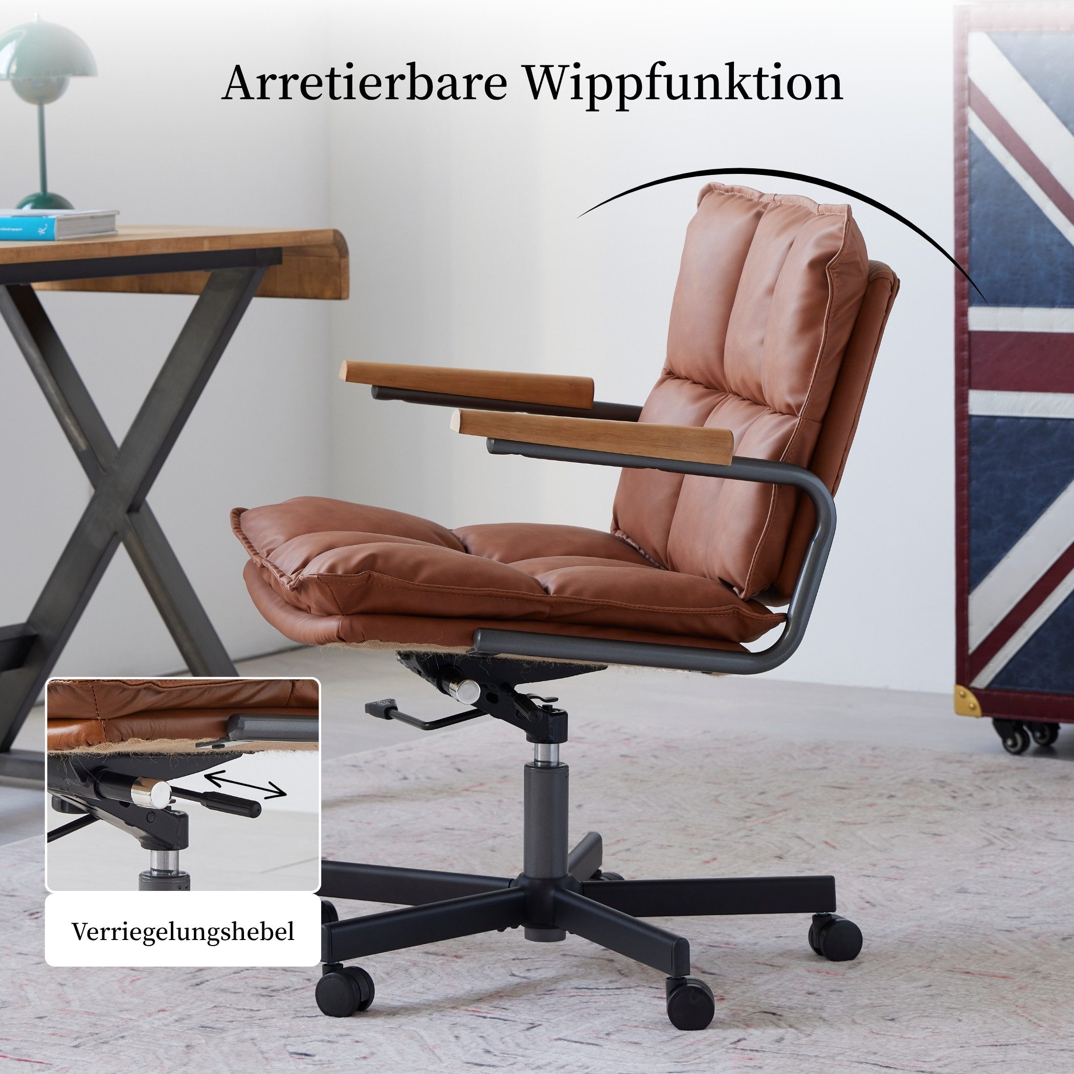SeedWave Bürostuhl Höhenverstellbarer Drehstuhl mit Eichenholz-Armlehnen, 136kg belastbar, Industrial Design, Echtleder Schreibtischstuhl mit Wippfunktion – Bild 5 von 5