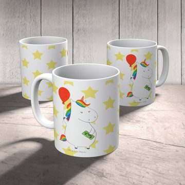 Mr. & Mrs. Panda Tasse Einhorn Luftballon - Weiß - Geschenk, Kaffeebecher, Einhorn Deko, Leb, Keramik, Einzigartiges Botschaft