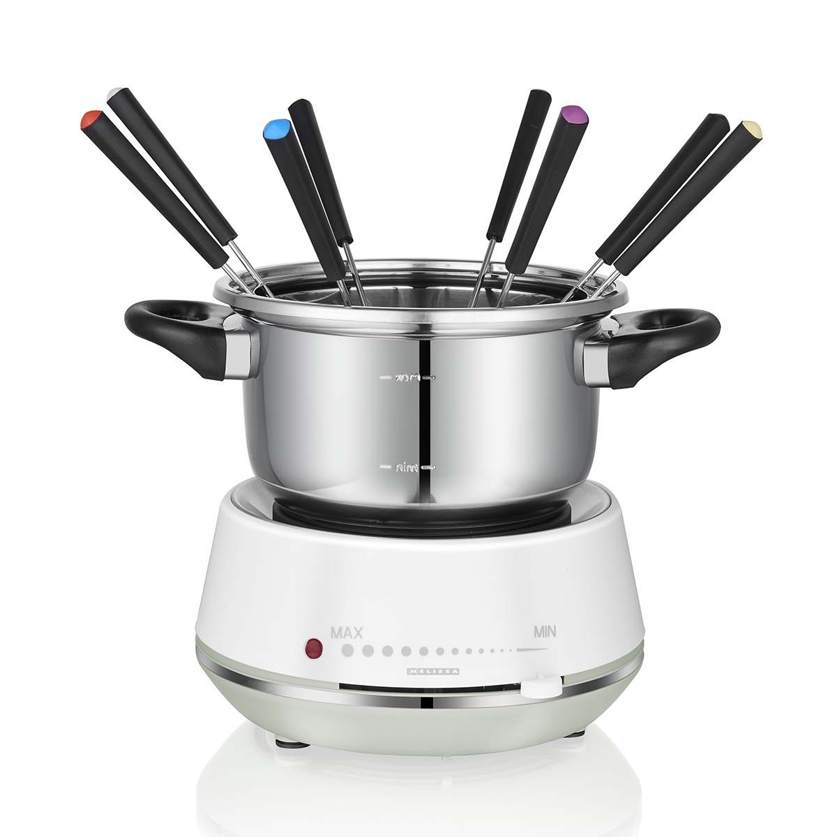 MELISSA Elektro-Fondue 16310230, 8 Fonduegabeln, 2.0 l, Einstellbare Temperaturregelung, 6 Saucenbecher, für Feiern geeignet