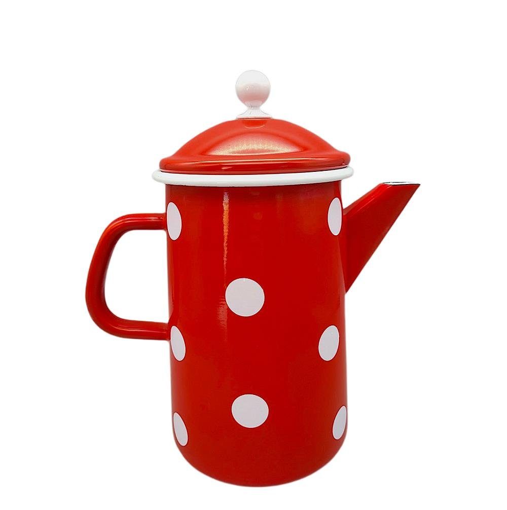 Linoows Kanne Emaille Kaffeekanne, Deckelkanne, Henkelkanne, 1,6 l, (Set), Nostalgie Kaffeekanne Tupfen Rot- Weiß 1,6 Liter