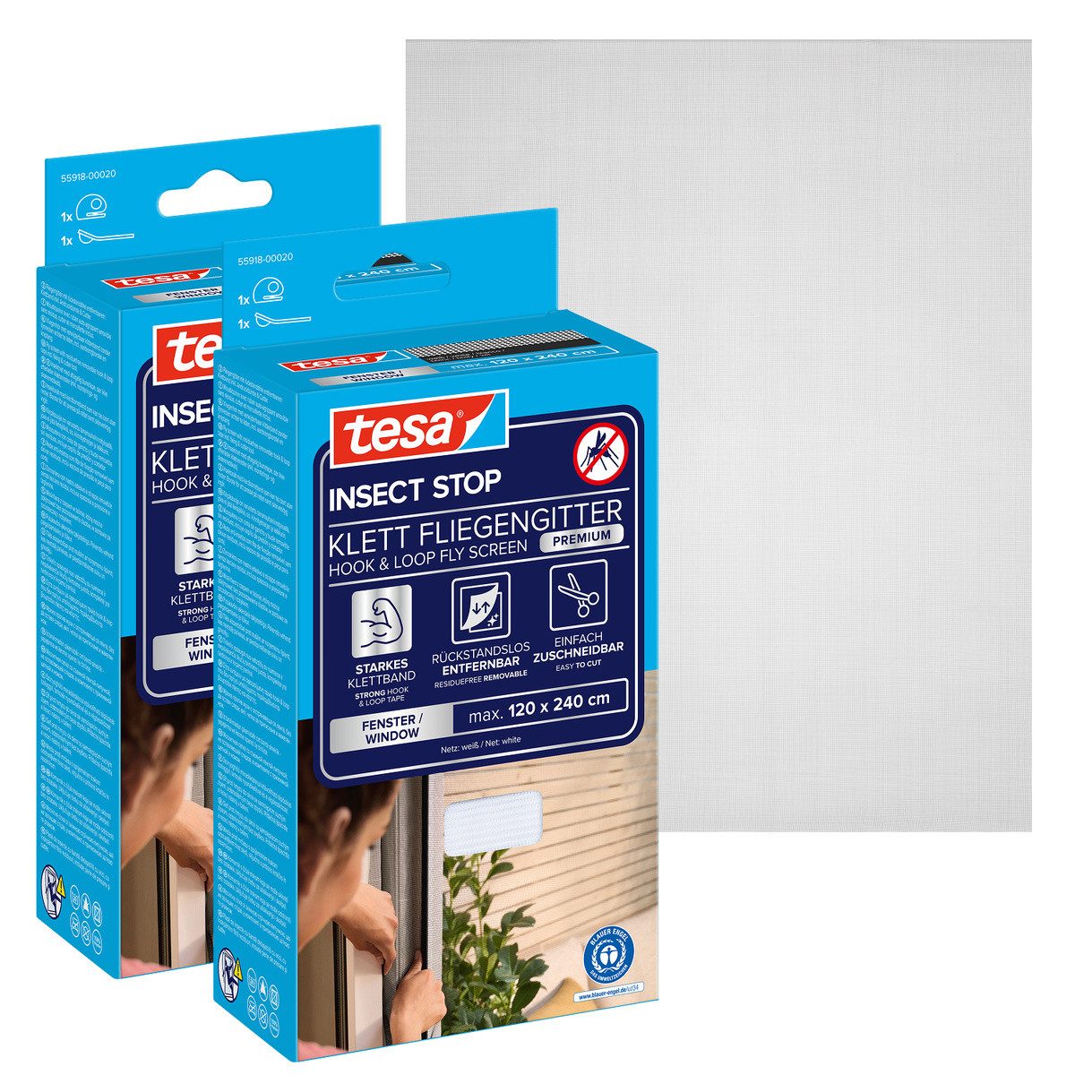 tesa Fliegengitter-Gewebe Premium für Fenster, Insektenschutz mit Klettband - 120 x 240 cm, (Packung, 2-St., Fliegennetz, Klettband, Andrück und Schneidehilfe), Mückenschutz mit starkem Klettband, rückstandsfrei entfernbar