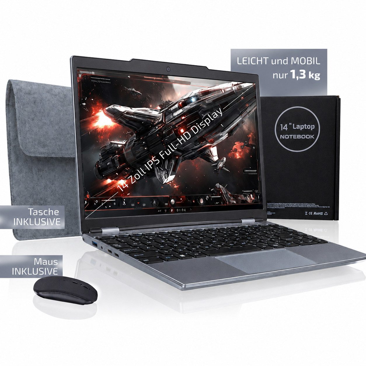 Goldstern-Tech AirLite Notebook (35,56 cm/14 Zoll, AMD AMD A9-9400, AMD Radeon R5 Serie, 256 GB SSD, Ultraleichter Laptop mit Windows 11 Pro und langer Akkulaufzeit)