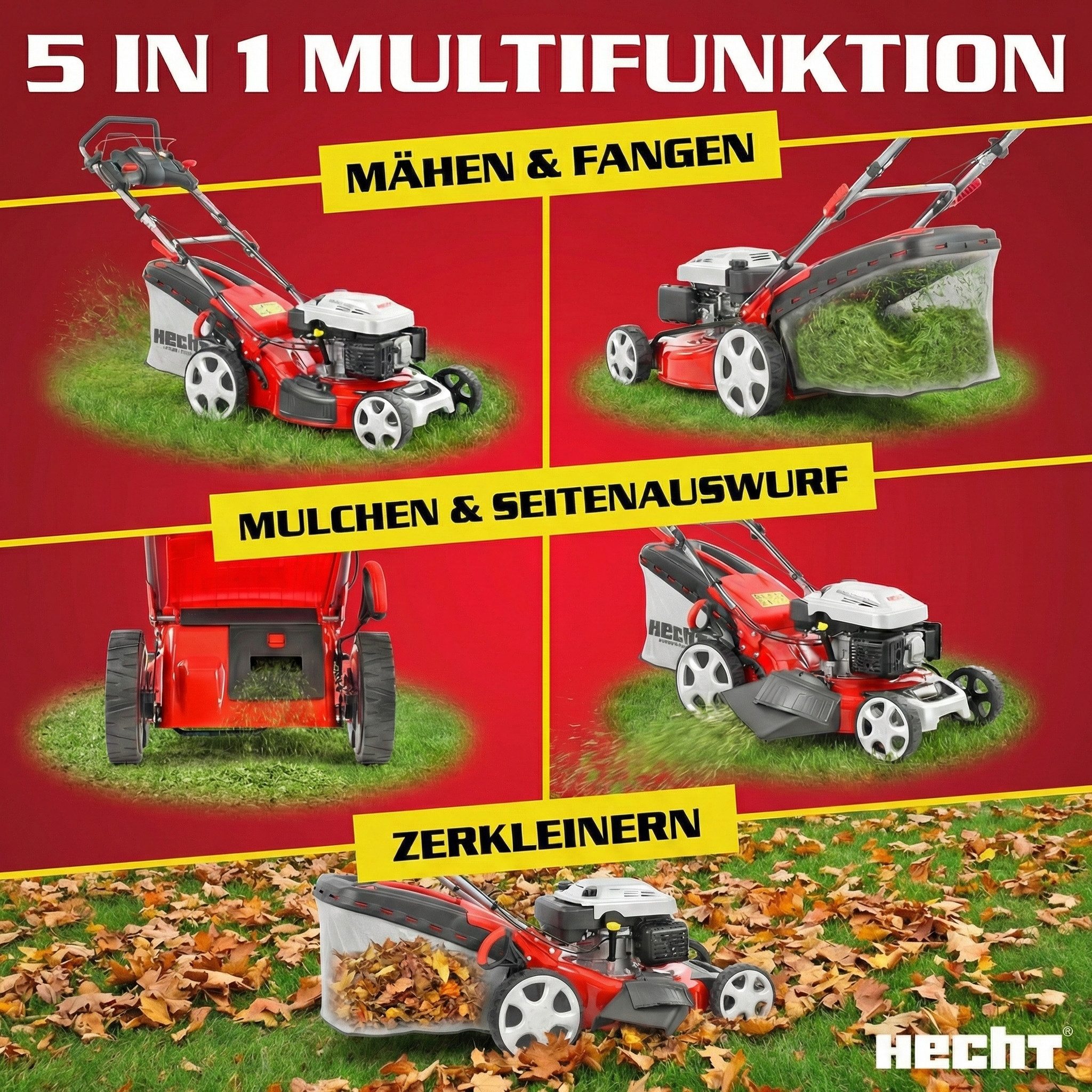 Hecht Benzinrasenmäher 5534 SX, 4,4 kW / 6 PS mit Radantrieb, 5-in-1, 51 cm Schnittbreite, 60l Fangkorb, Seitenauswurf, 4 Gang-Getriebe