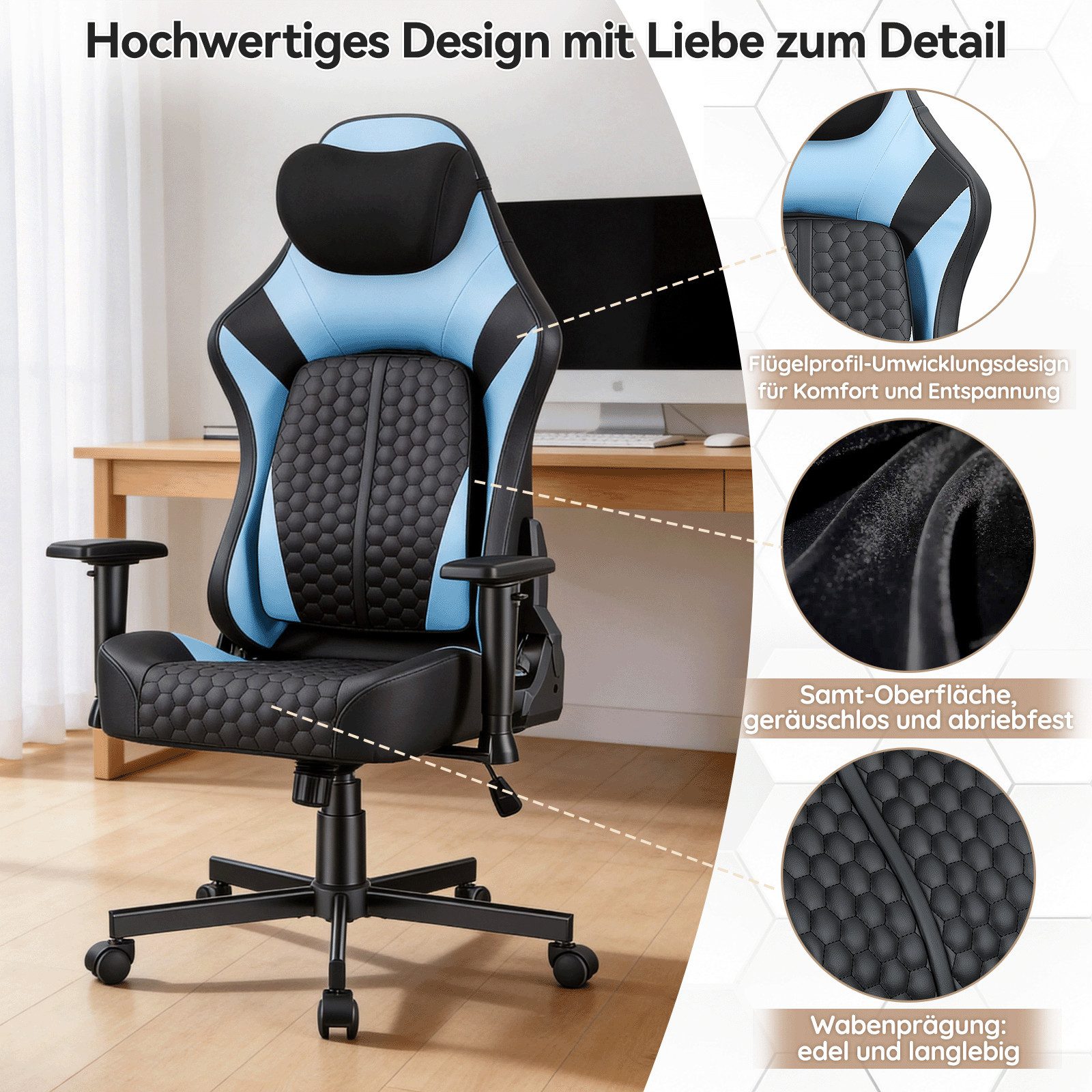 HOMALL Gaming-Stuhl gaming stuhl,mit verstellbarer Lendenstütze 6°-35°, 2D-Armlehnen,Rückenlehne 90°-135° verstellbar,150kg Belastbarkeit – Bild 5 von 5