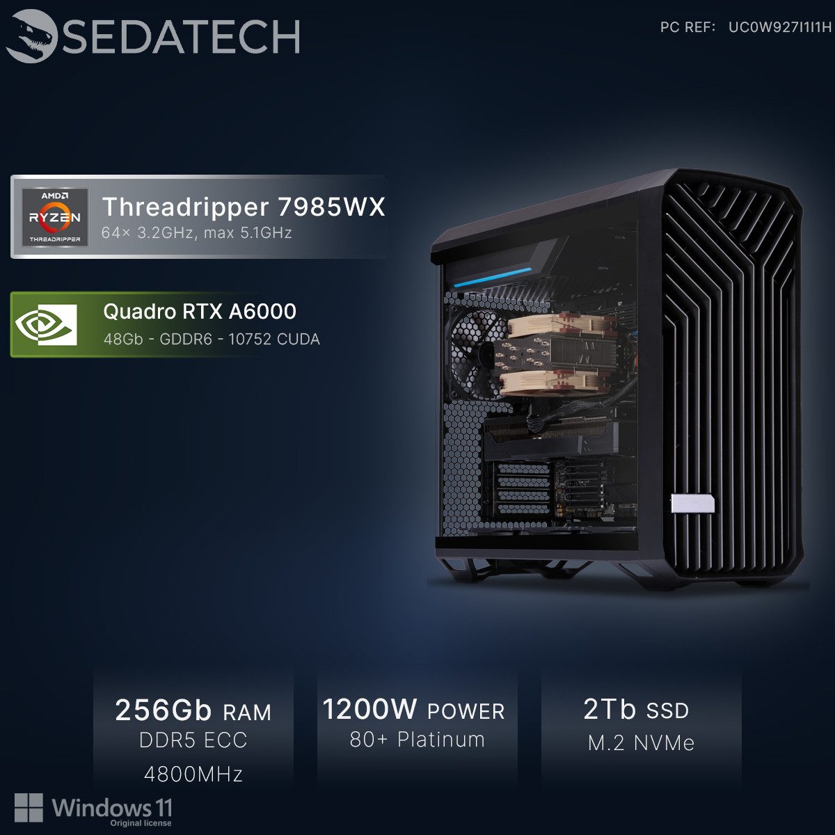 Sedatech UC0W927I1I1HF - Workstation Business-PC (AMD Ryzen Threadripper PRO Pro 7985WX 64x 3.2GHz (max 5.1GHz), Quadro RTX A6000 48GB, 256 GB RAM, 2000 GB SSD, Wlan 5)