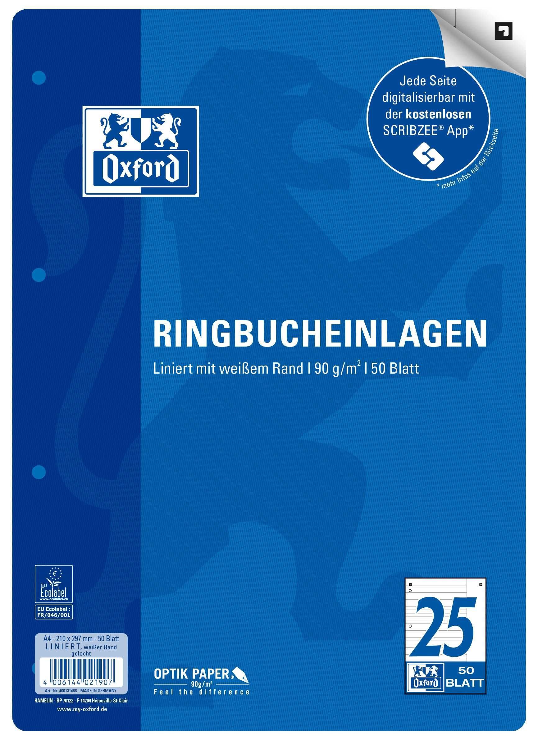 OXFORD Ringbuchmappe Ringbucheinlage LIN25 - A4, liniert, 90g/qm, 4-fach gelocht, 50 Blatt