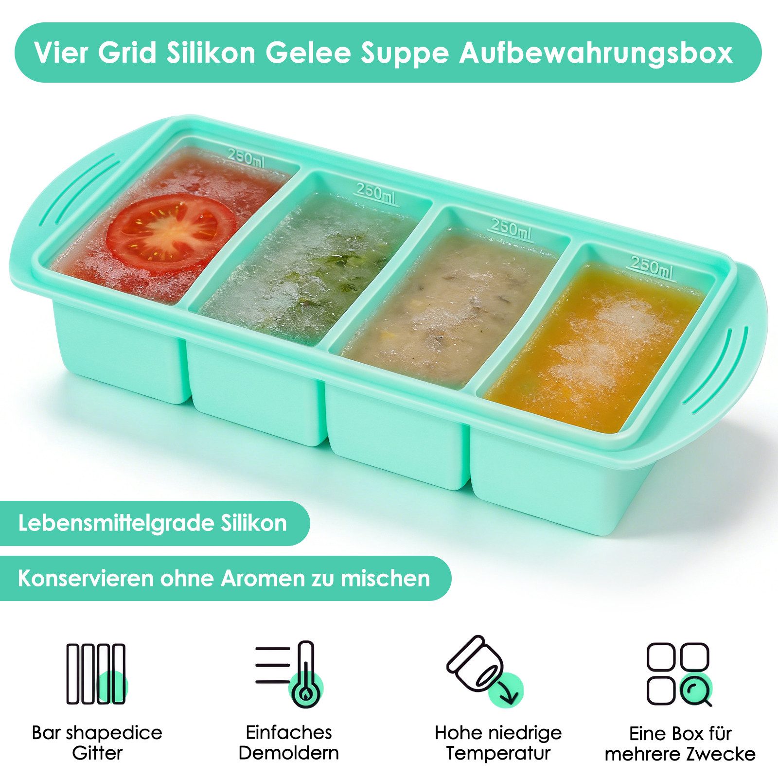 BlingBin Eiswürfelform 4 Fächern Eiswürfel mit Deckel, 2 Stück Silikon Eiswürfelbehälter, (2er Set 2-tlg), Einfrieren Behälter für Suppen, Brühe, Soße, Meal Prep und Eiswürfel