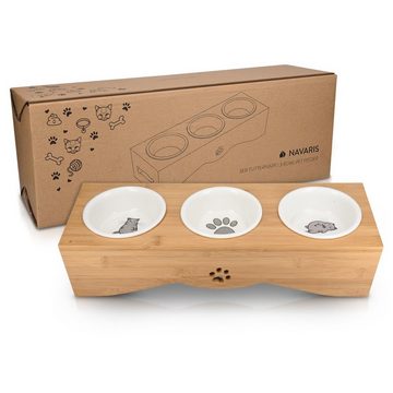 Navaris Tier-Beschäftigungsspielzeug Keramik Futter-/Trinknapf Set, erhöhter 3er Napf Ständer, Bambus/Keramik