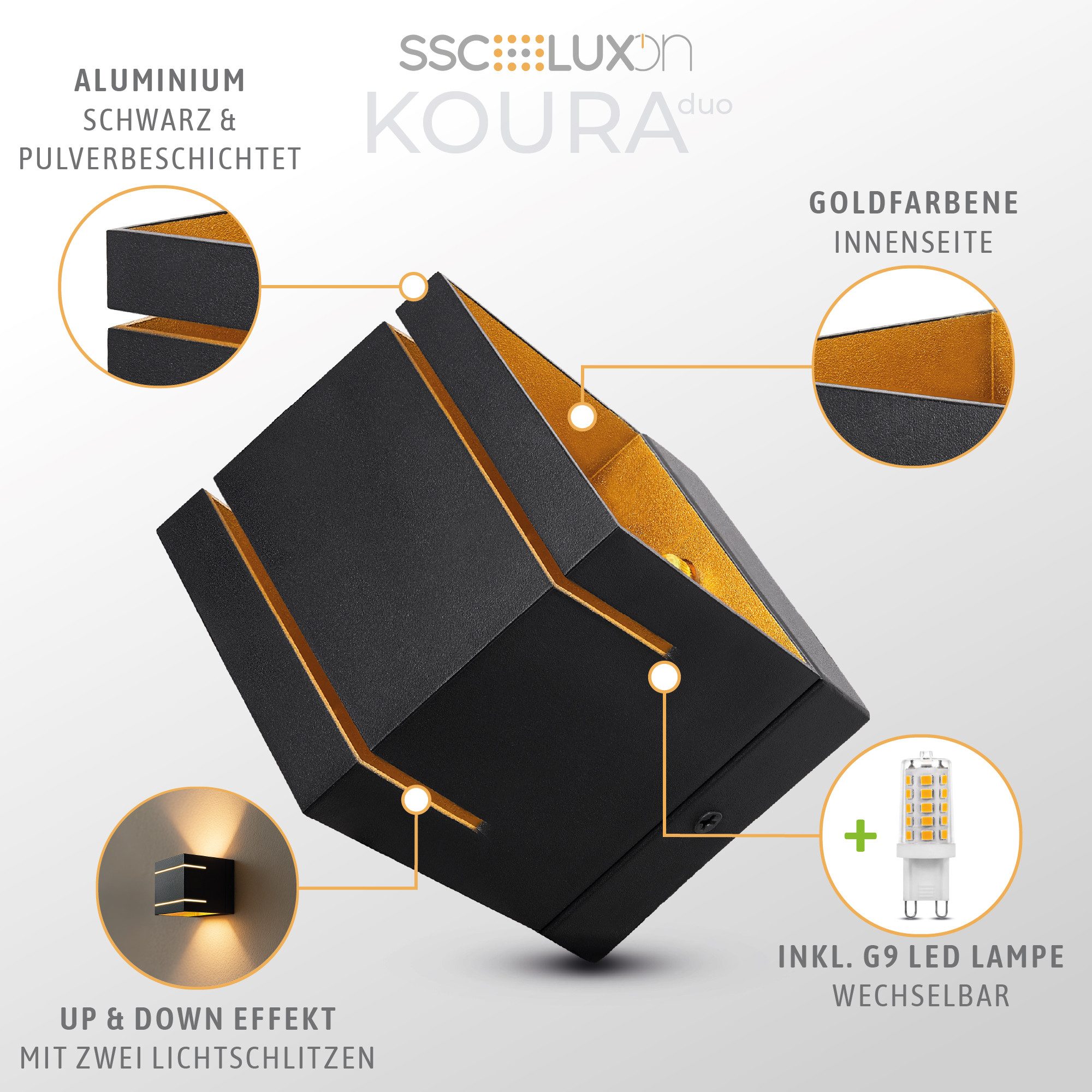SSC-LUXon LED Wandleuchte Wandstrahler KOURA DUO Up & Down schwarz G9 3W warmweiß Glühbirne, Warmweiß