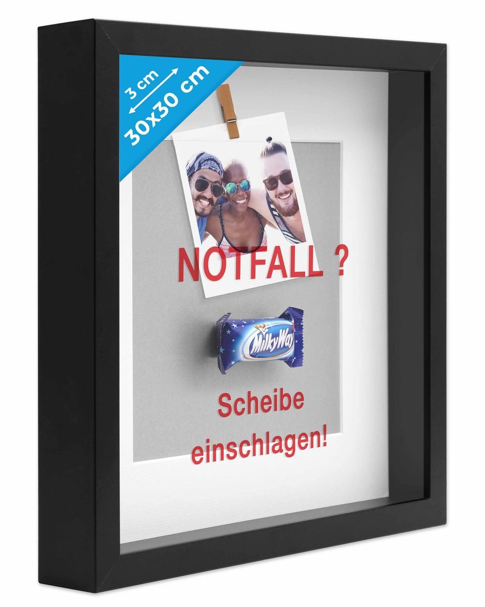 PHOTOLINI Bilderrahmen 3D-Objektrahmen tief zum Befüllen mit Glasscheibe, für 1 Bilder (1 Einzelrahmen), tiefer Rahmen 30x30 cm mit Passepartout für Objekte bis 3 cm Tiefe