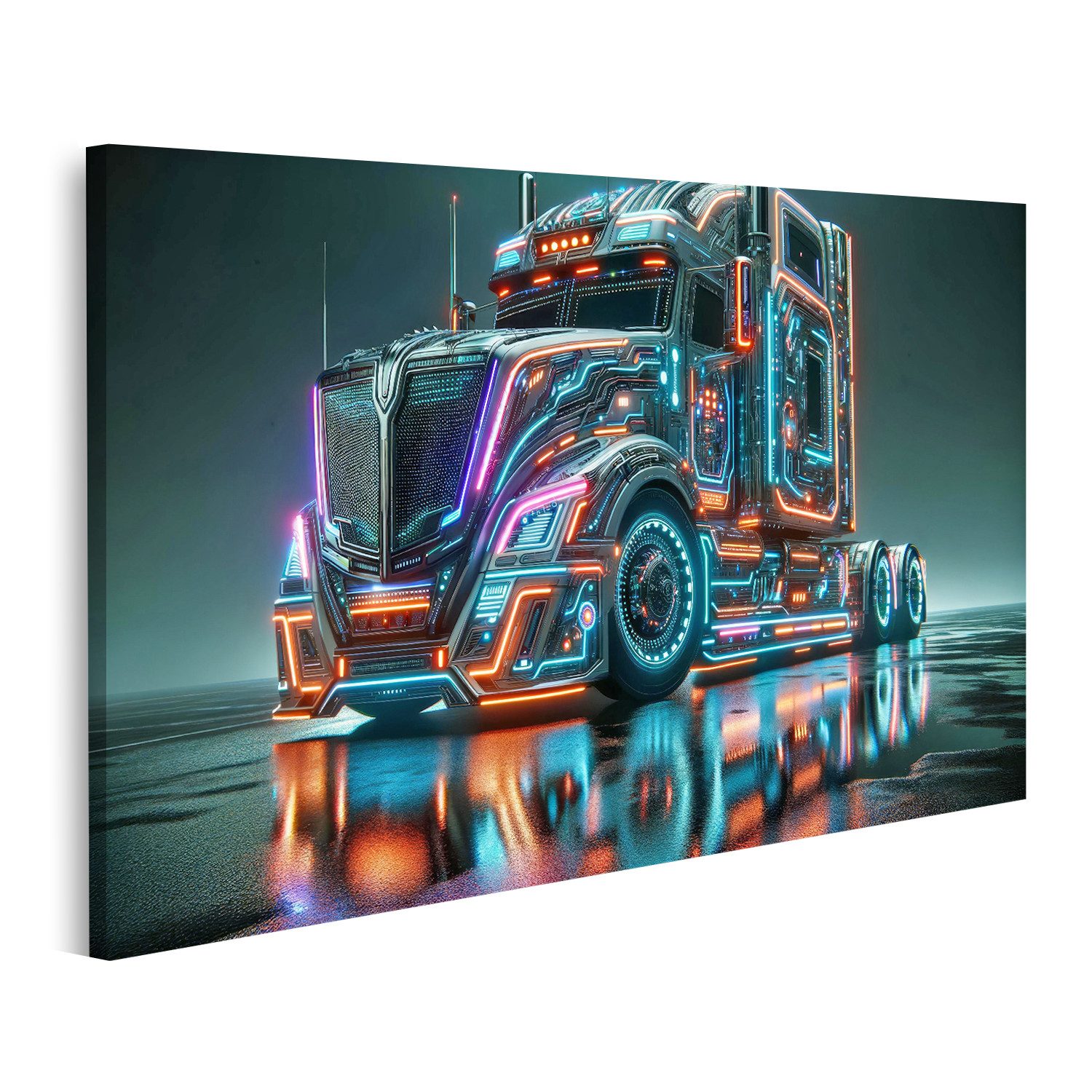 Leinwandbild Futuristischer Semi-Truck LKW mit Neonlichtern bei Nacht