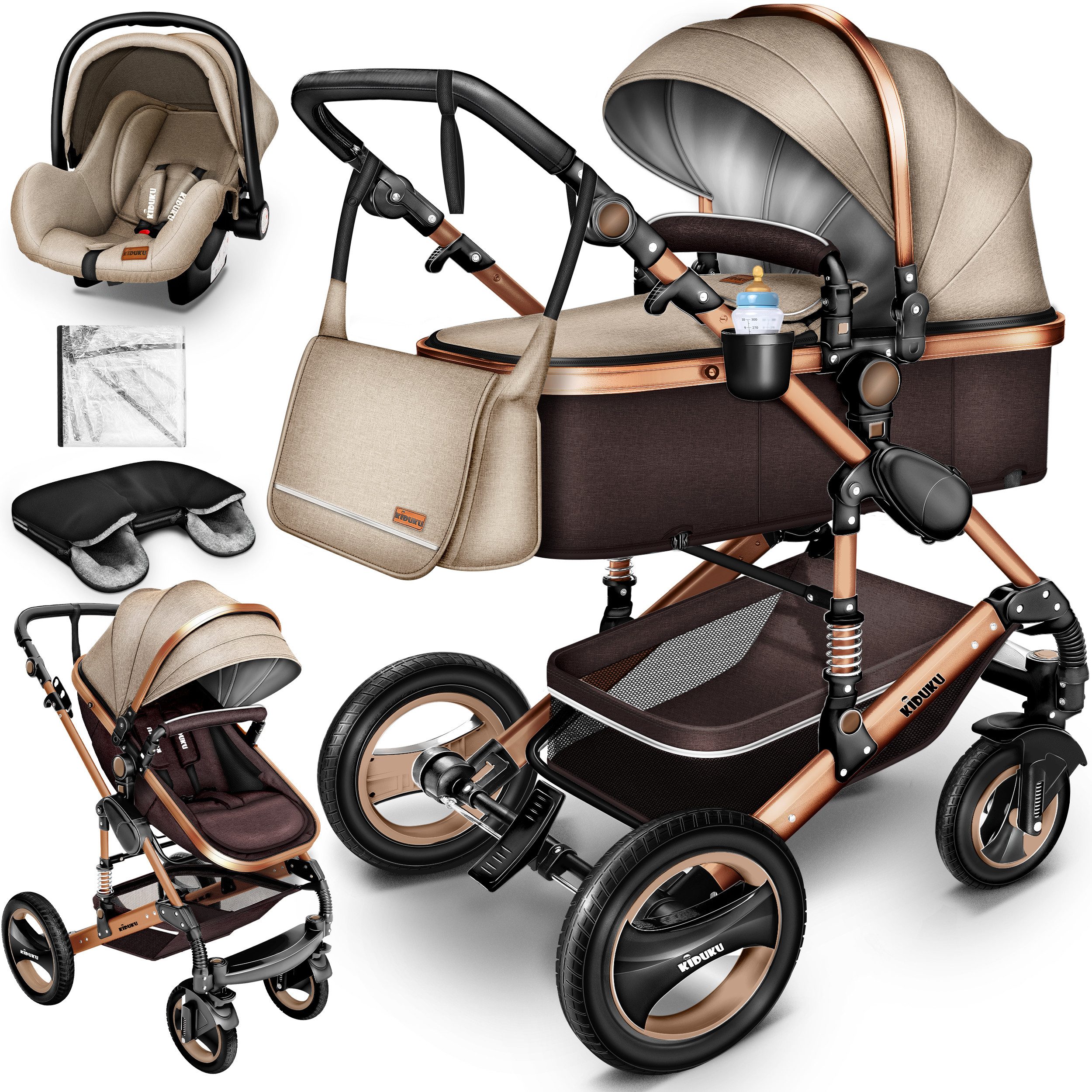 KIDUKU Kombi-Kinderwagen KIDUKU® 3 in 1 Kombi-Kinderwagen Buggy Reisebuggy inkl. Auto- Babyscha, Kindertisch