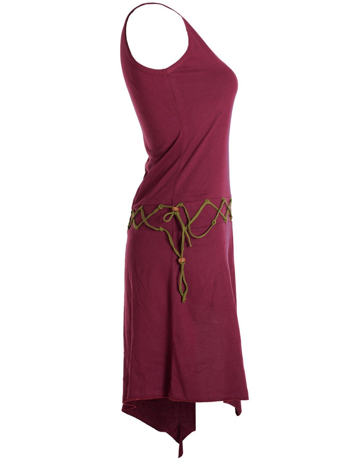Style Elfen Kleid dunkelrot Ärmelloses Goa asymmetrisch Hippie, Vishes Boho, Gürtel-Schnürung Sommerkleid Beinausschnitt