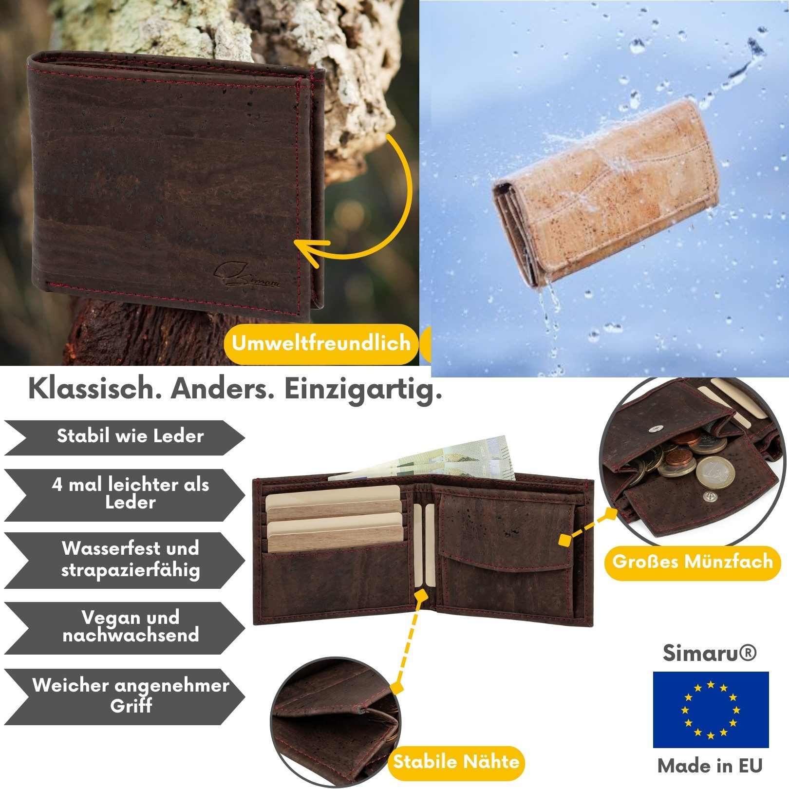Simaru Geldbörse Ceasar, Portmonee aus Kork, veganer RFID-Schutz, wasserdicht und langlebi
