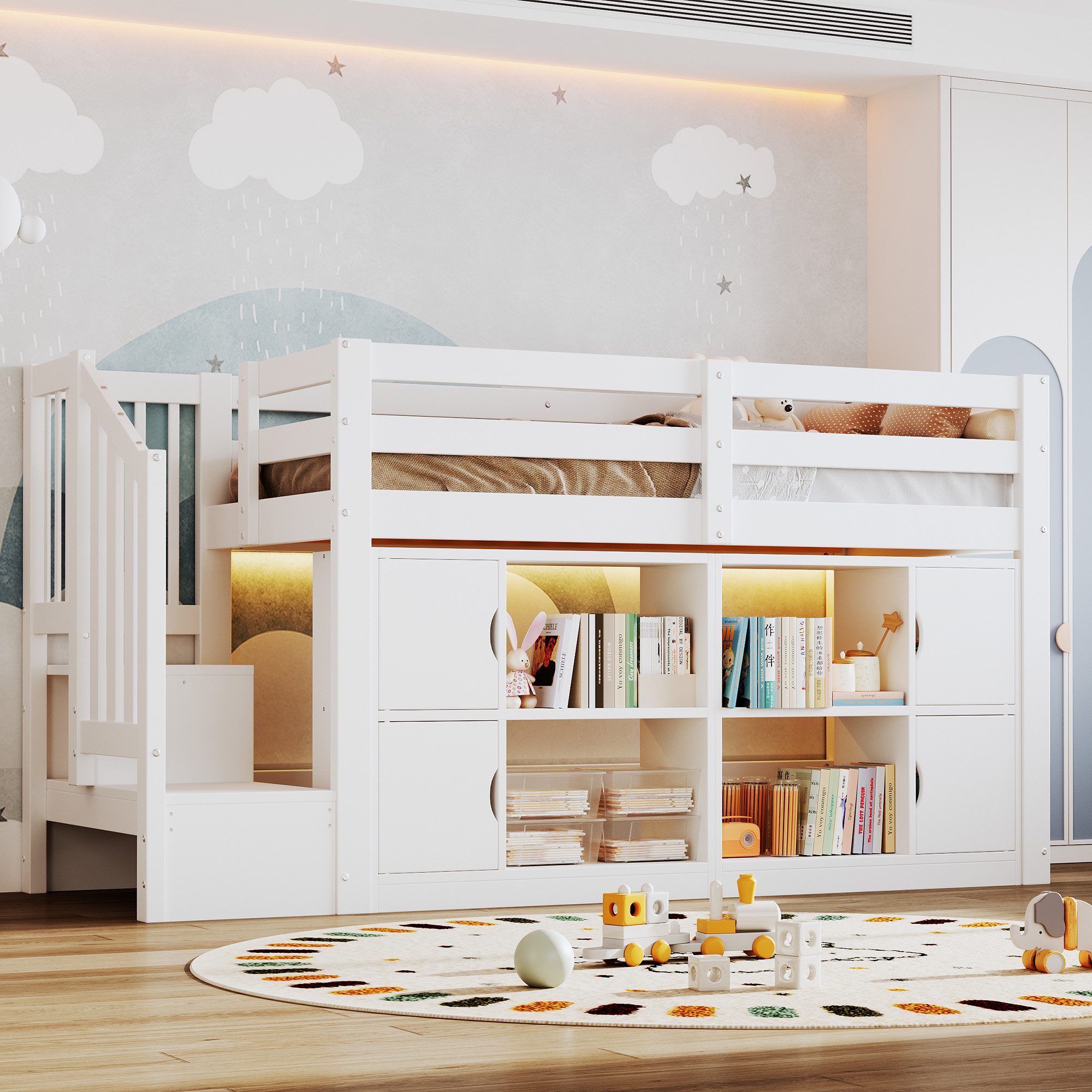 Flieks Hochbett Kinderbett 90x200cm mit Ablagefächern, Schränken, Treppe, LED-Leiste