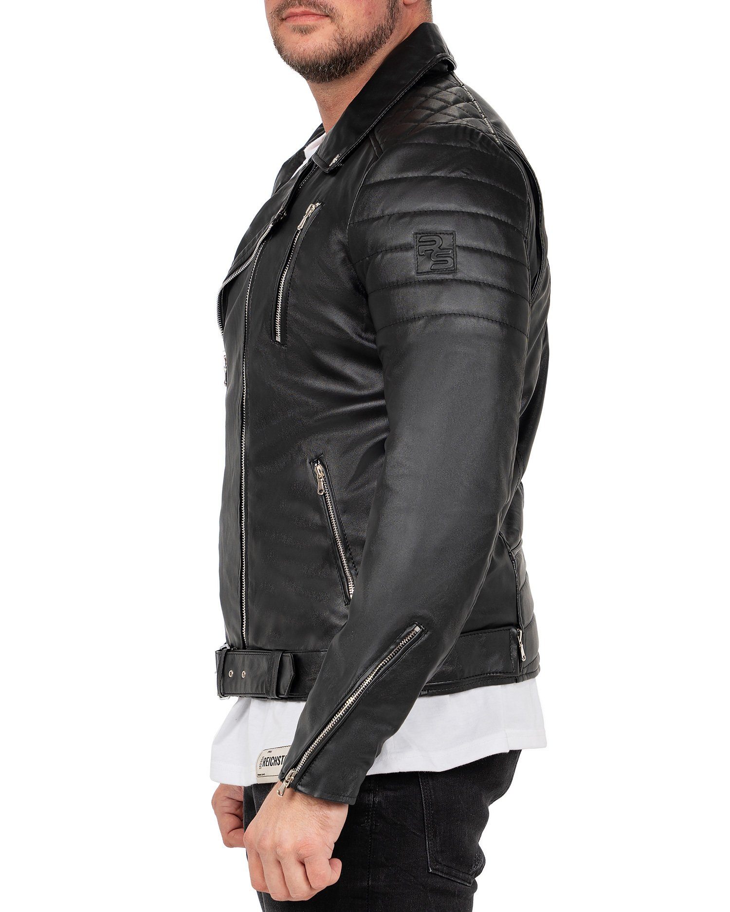 Reichstadt Bikerjacke Herren Slim Fit Lederjacke Silver Zipper RS003PU mit Gürtel und Steppmustern – Bild 5 von 5
