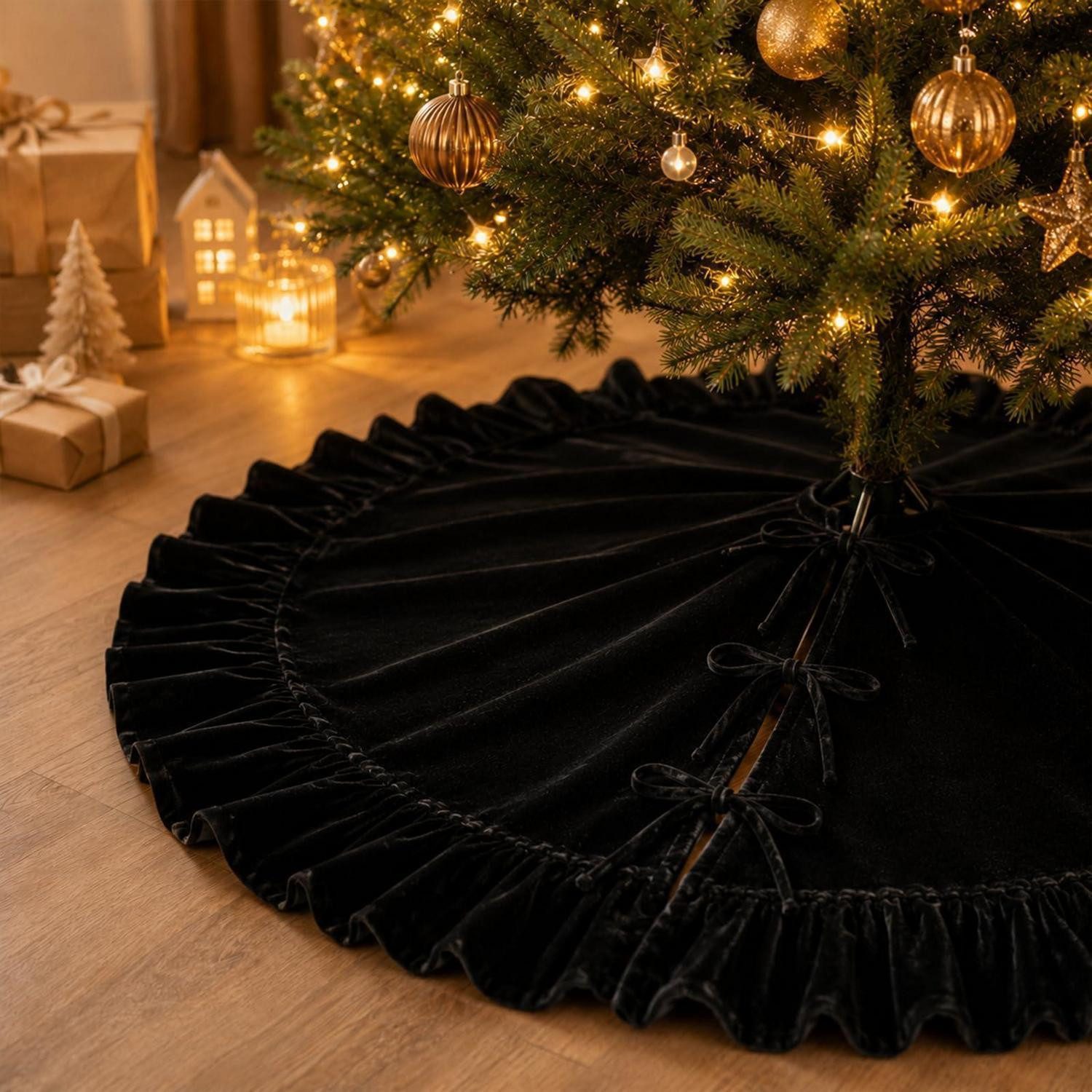 LuxusKollektion Christbaumständer Weihnachtsbaumrock Samt Schwarz 122cm mit Rüschen