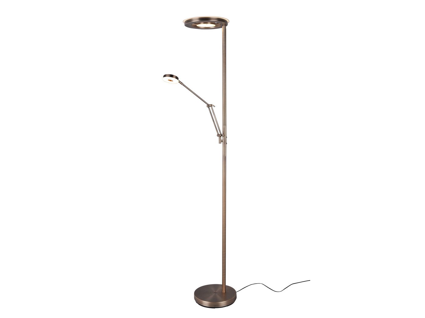 TRIO Leuchten LED Deckenfluter, Dimmfunktion Memoryfunktion, LED fest integriert, Stufenlos dimmbar über Touchdimmer., Warmweiß, Neutralweiß, Große Steh-Lampe mit Lese-Lampe in Alt-Messing mit Metallfuß, 181cm