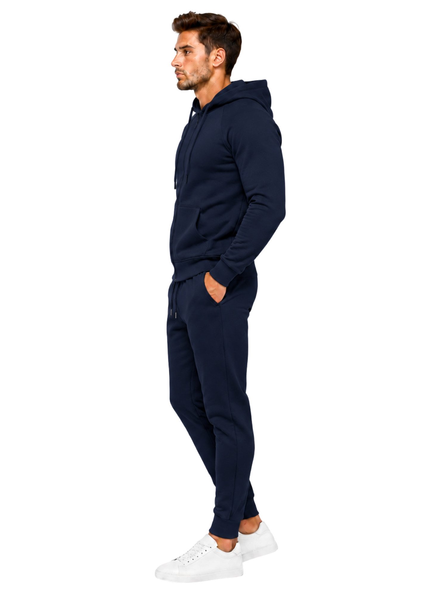 L.gonline Freizeitanzug Herren Jogginganzug einfarbig 100% BW 586 Navy XL (Kapuzenjacke mit Reißverschluss, Hose, 2-tlg), Fitness Freizeit Casual – Bild 4 von 5