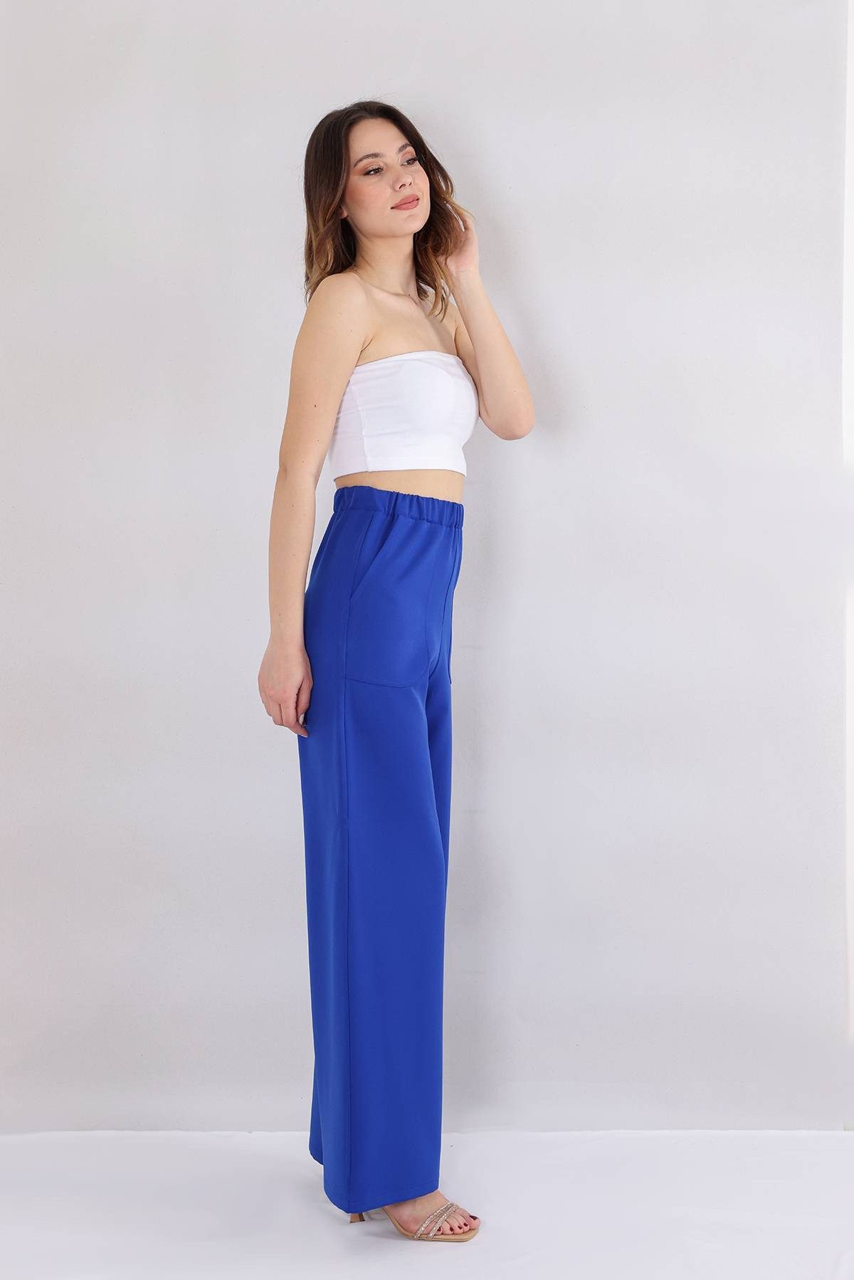 fashionshowcase Schlupfhose Schlupfhose Damen Hose High Waist – Weites Bein mit Taschendetail