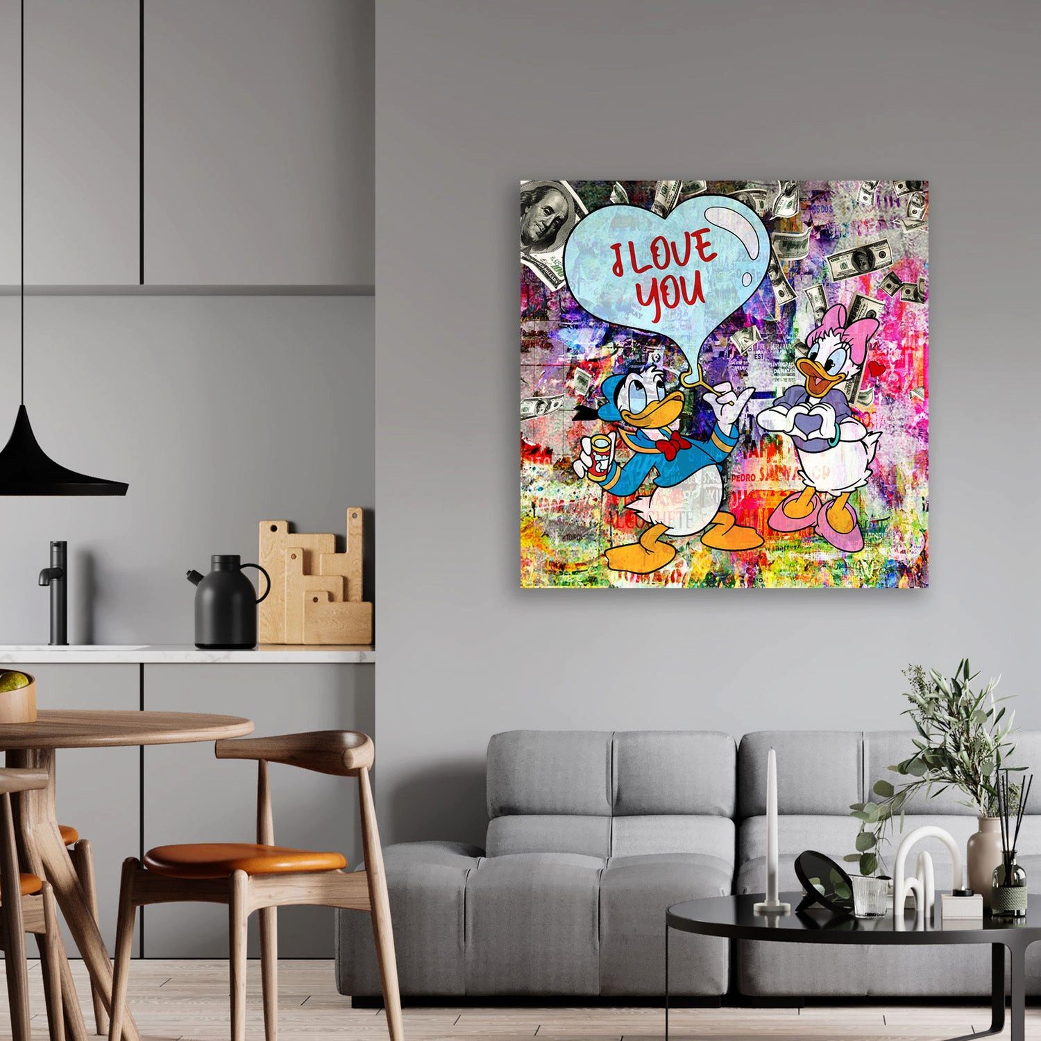 Artedinoi Leinwandbild Duck I Love You Comic Leinwandbild Wandbild Deko Kunst XL, Comic-Ente mit Herz