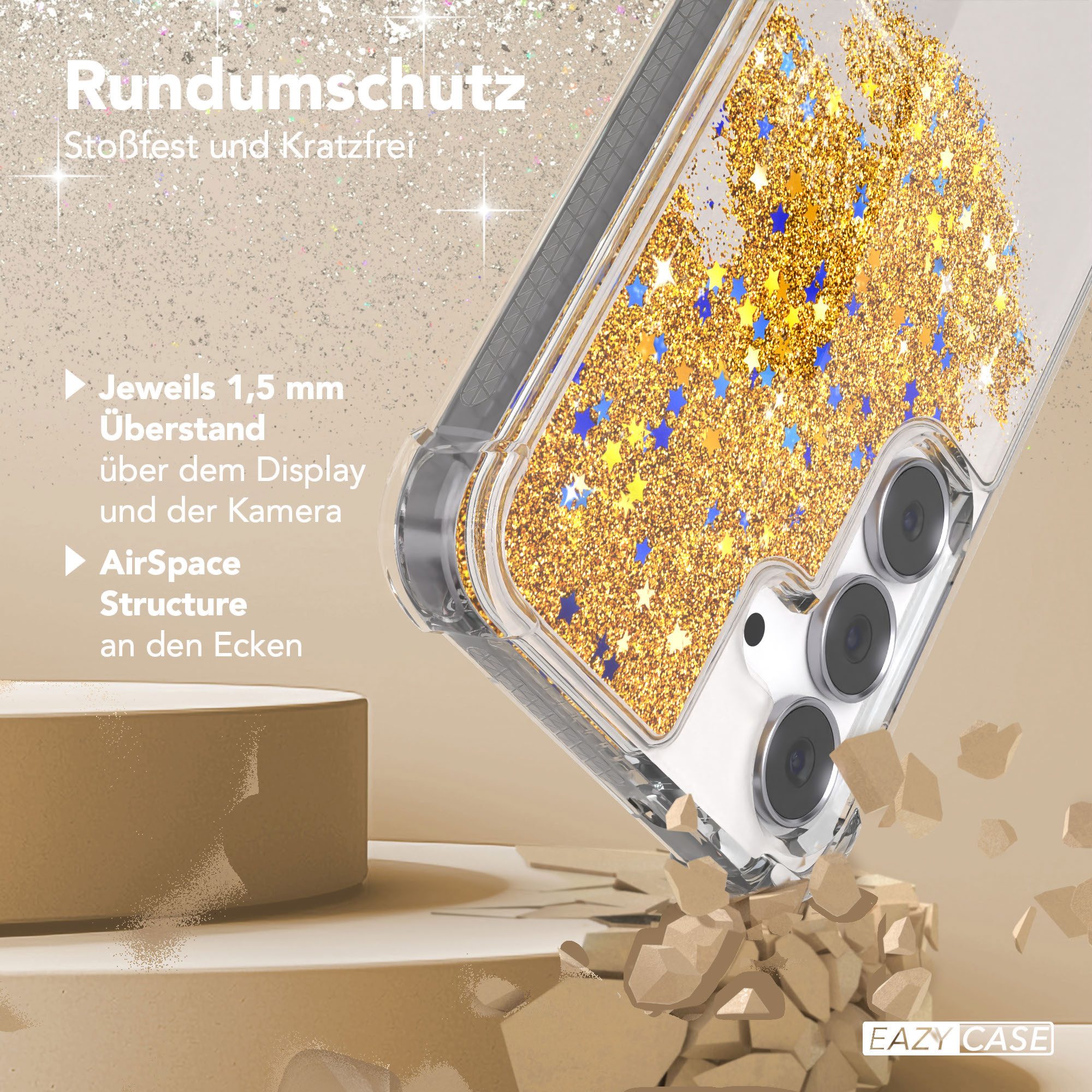 EAZY CASE Handyhülle Liquid Glittery Case für Samsung Galaxy S25 FE 6,7 Zoll, Durchsichtig Back Case Handy Softcase Silikonhülle Glitzer Cover Gold – Bild 5 von 5