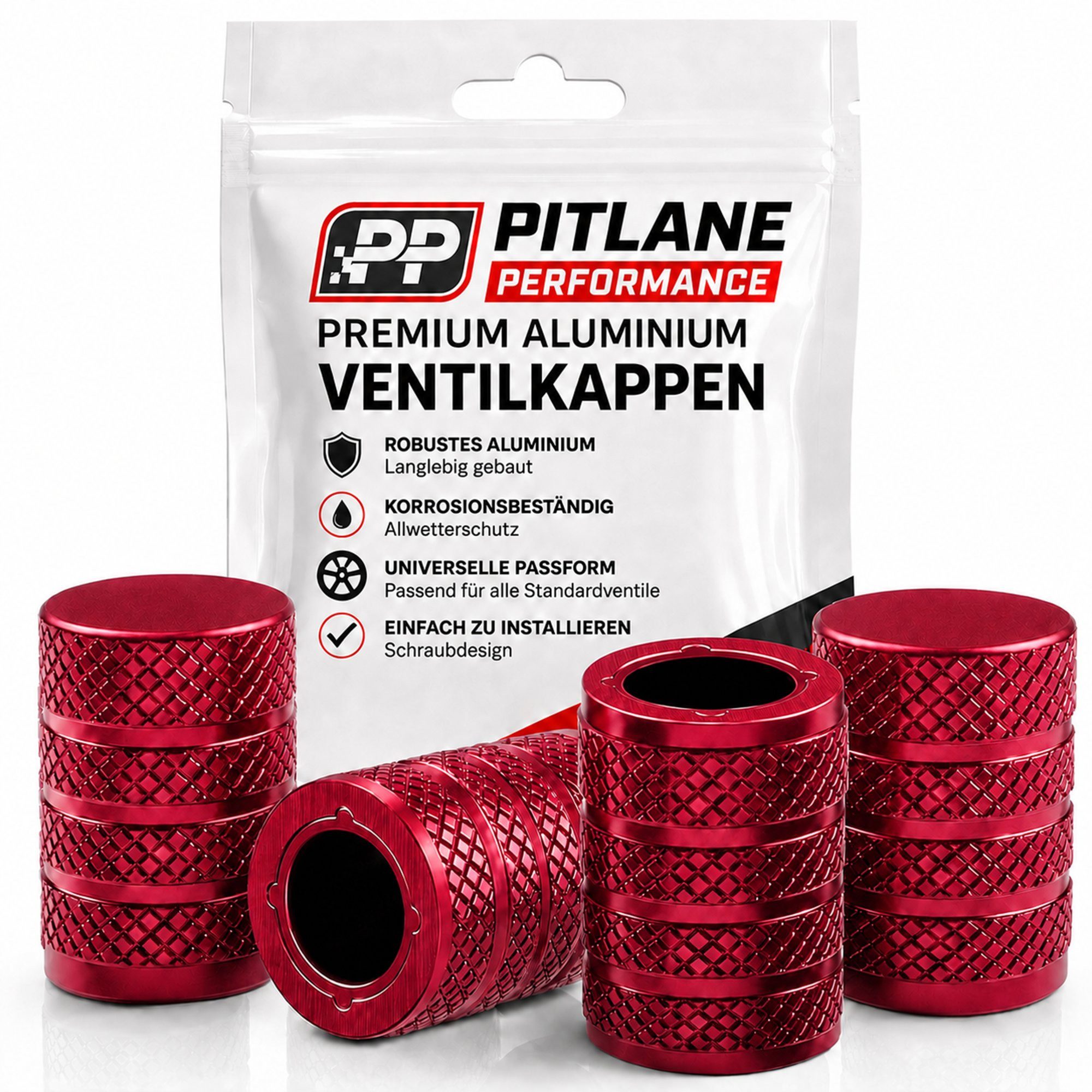 Pitlane Performance Ventilkappe Alu-Ventilkappen für Schrader-Ventile, (Ventilkappen-Set, 4-St., 4 Stück aus Aluminium), Korrosionsschutz und innenliegende Dichtung
