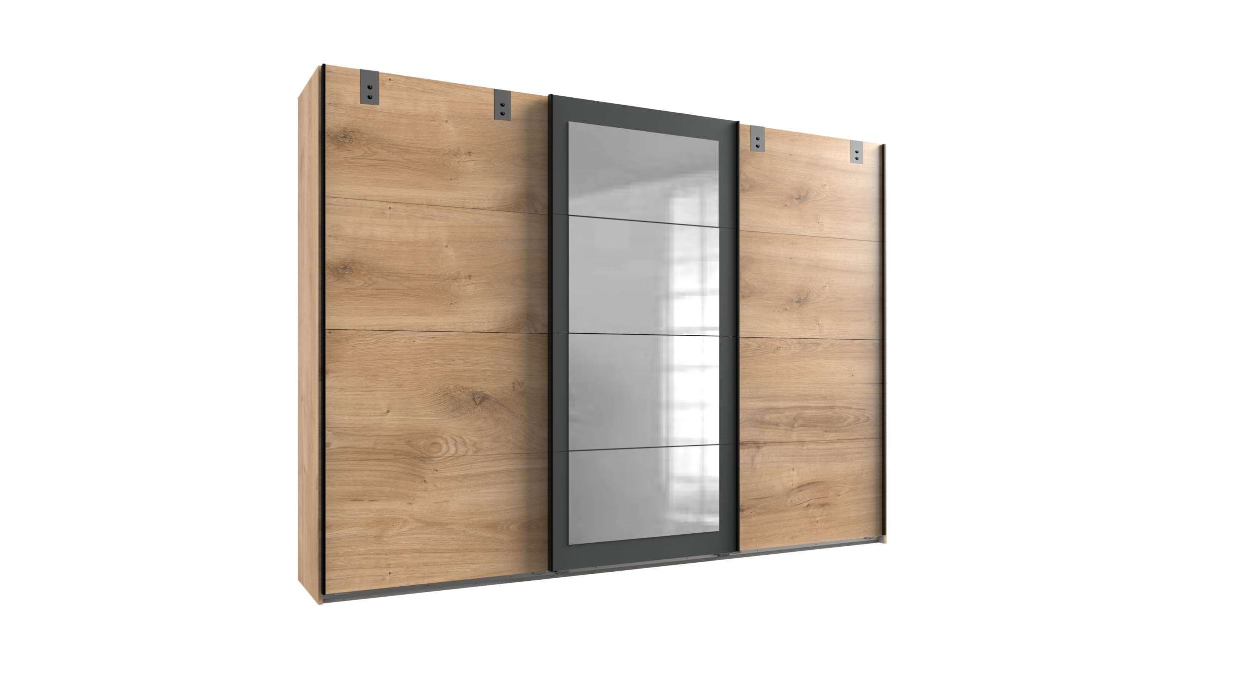 Stylefy Schwebetürenschrank Madrid Design, variabel viel (Kleiderschrank, aus Stauraum, Graphit Mehrzweckschrank) mit stellbar Schiebetüren, Holzwerkstoff, Modern IV mit - 3 Spiegel, Plankeneiche Optik